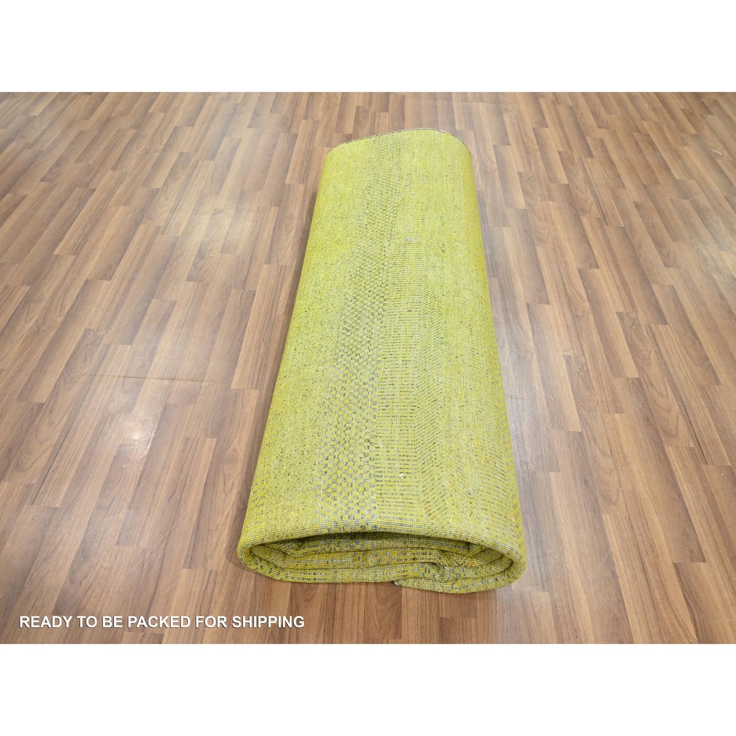 8'10"X12'5" Yellow Modern Grass Design Wool And Silk Hand Knotted Rug