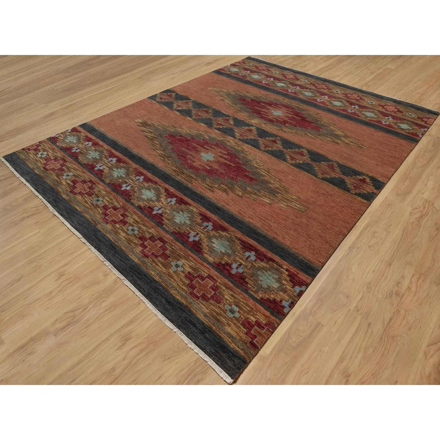 9'1"X12'1" Senna Brown Southwestern Design Hand Knotted Pure Wool Rug