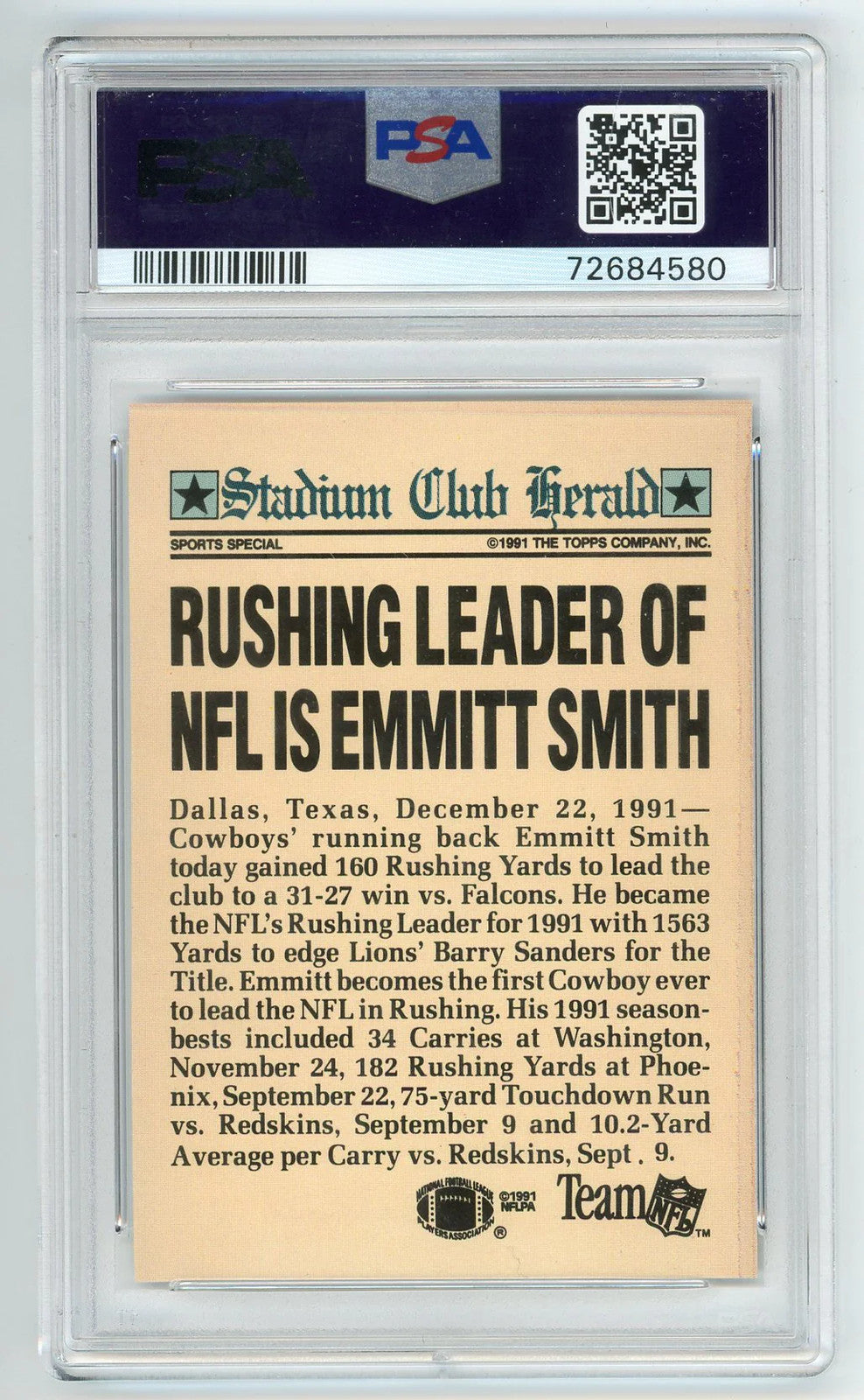 Emmitt Smith 1991 Stadium Club Members Only Psa Mt 10