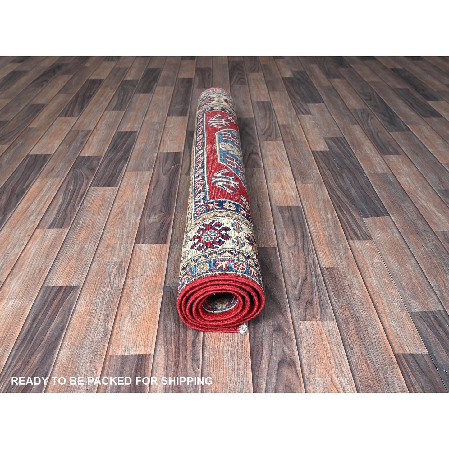 4'X5'8" Arsenal Red Kazak With Geometric Design Hand Knotted Soft Wool Rug