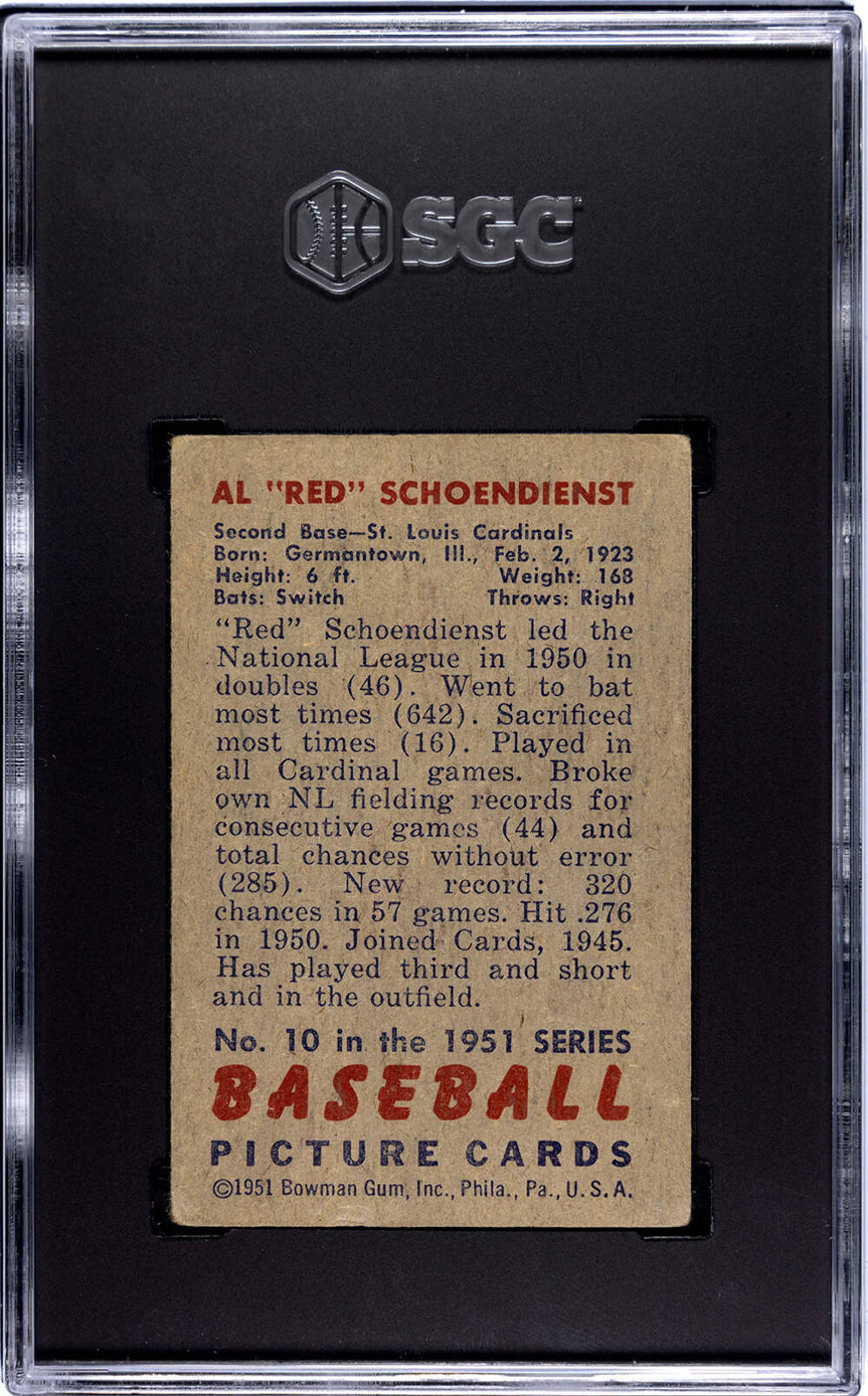 Red Schoendienst 1951 Bowman Card #10 Sgc 3
