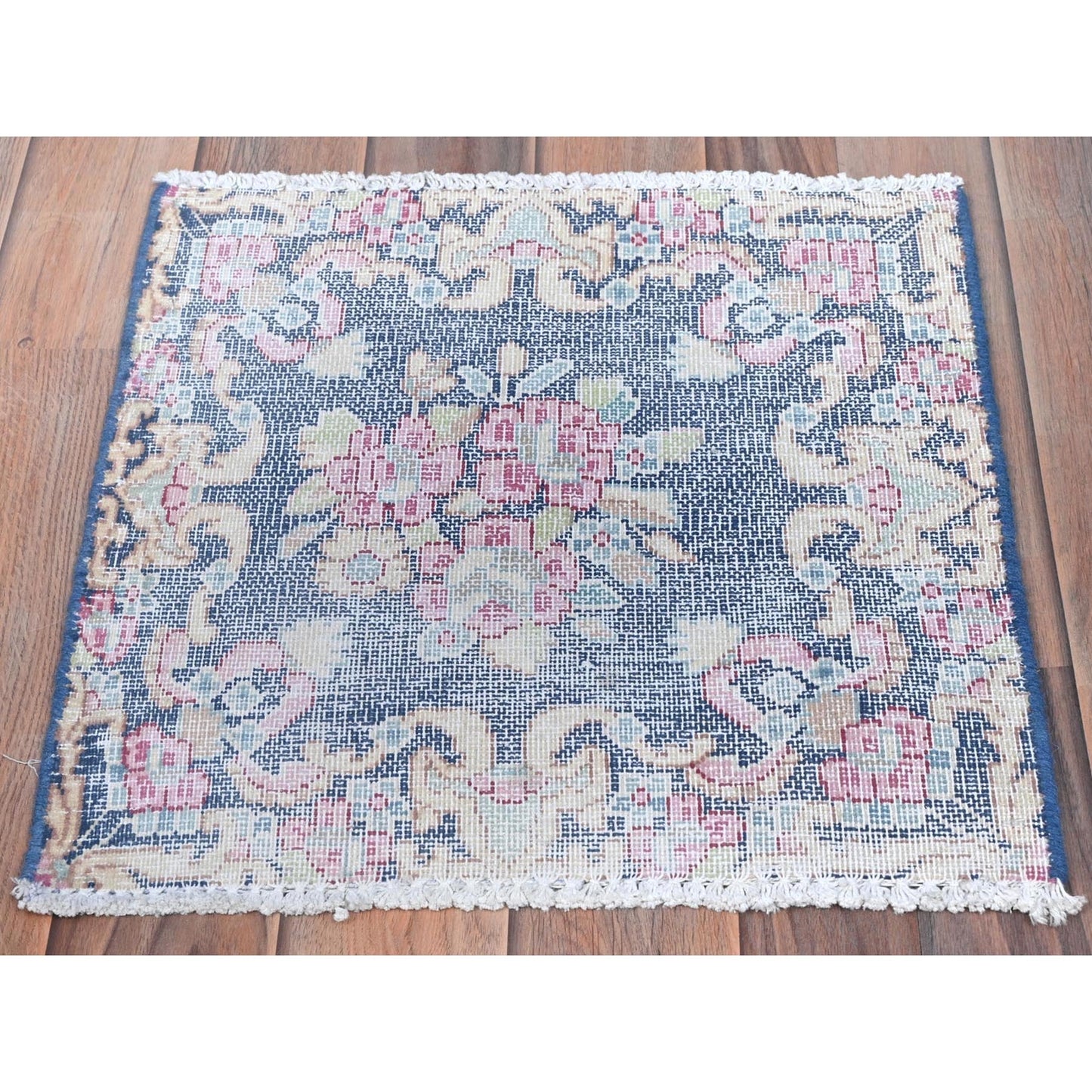 1'6"X1'6" Blue Hand Knotted Vintage Farsian Karman Worn Wool Square Rug