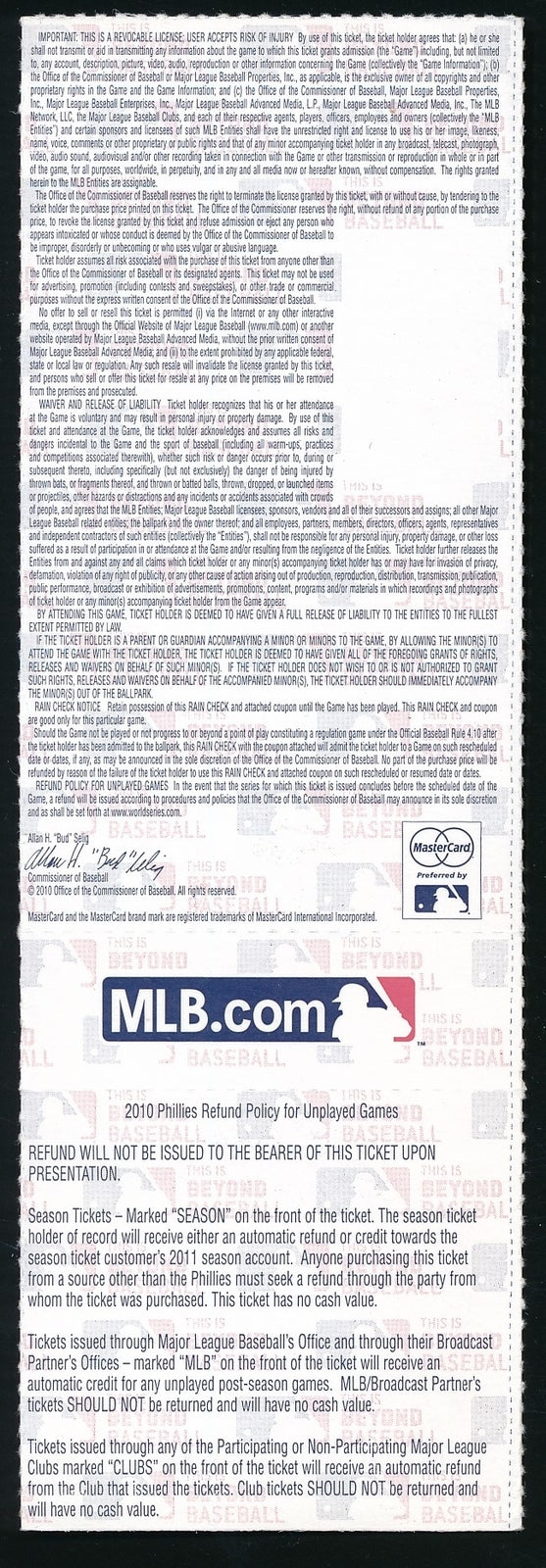 2010 Nlds Game 1 Phillies Vs. Reds Full Ticket
