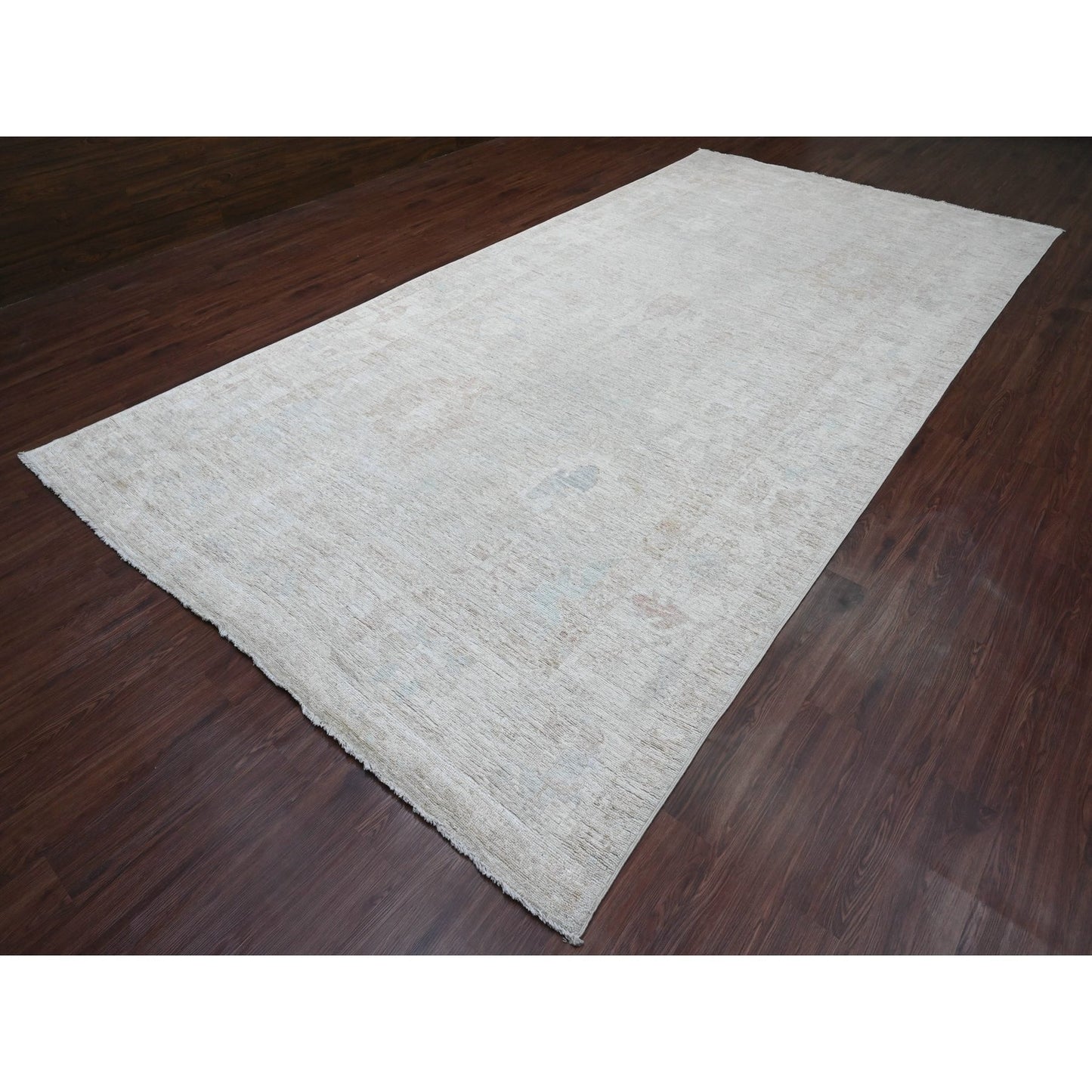 7'8"X14'10" Cloud Gray Hand Knotted Afghan Angora Oushak Wool Runner Rug