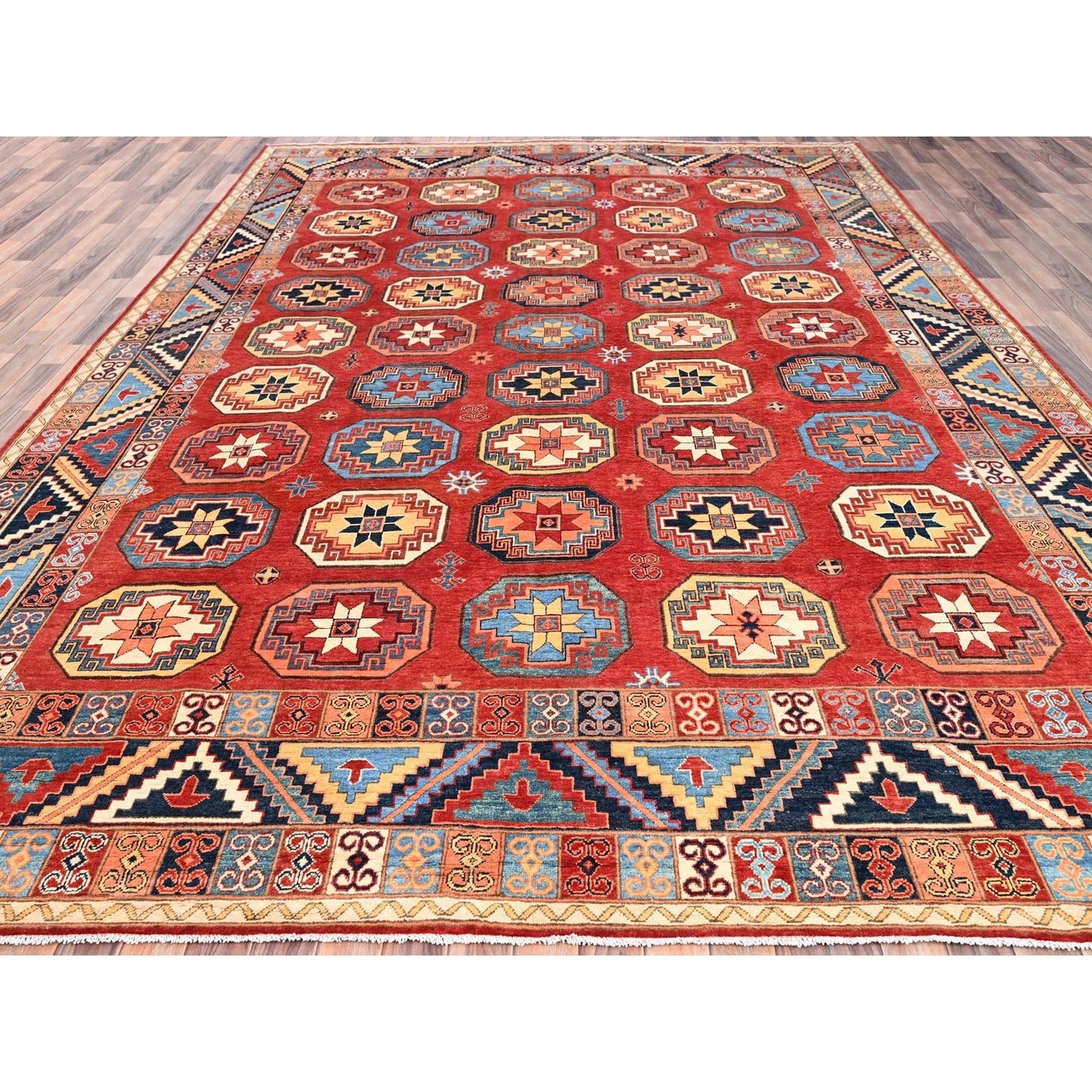 10'X13'10" Red Afghan Ersari Design Hand Knotted Natural Wool Rug