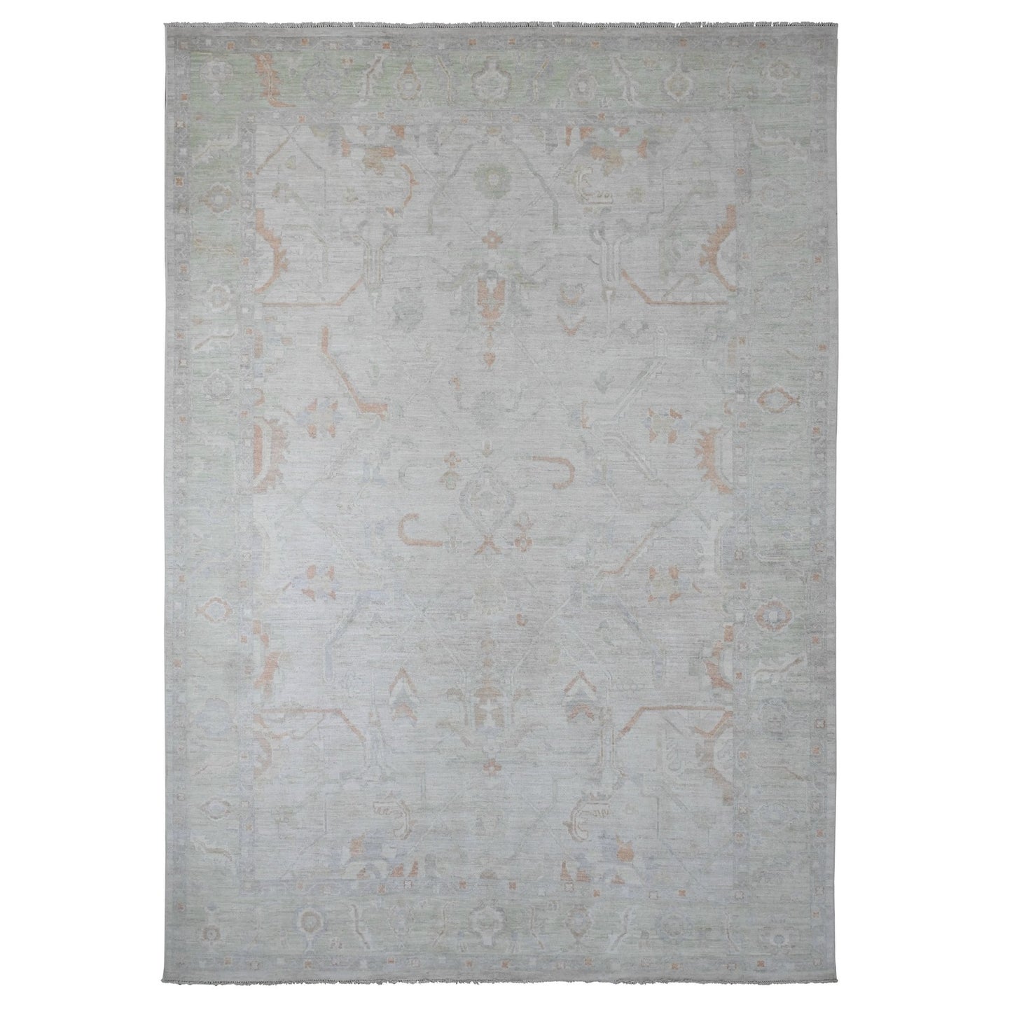 9'7"X13'6" White Afghan Angora Oushak Vines Design Wool Hand Knotted Rug