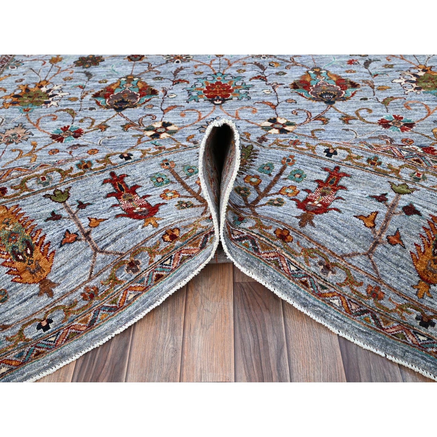 9'2"X12'4" Oxford Gray Wool Hand Knotted Sultani Pomegranate Design Rug