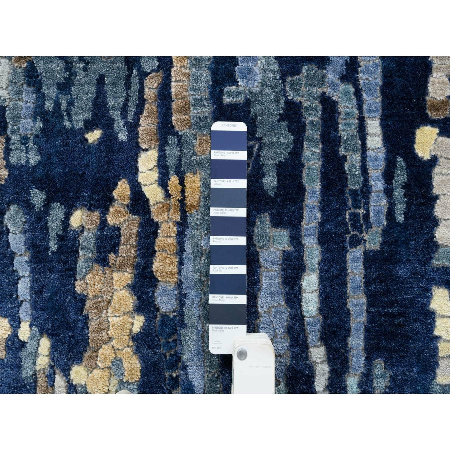 2'6"X10' Denim Blue Mosaic Design Hand Knotted Wool And Silk Rug