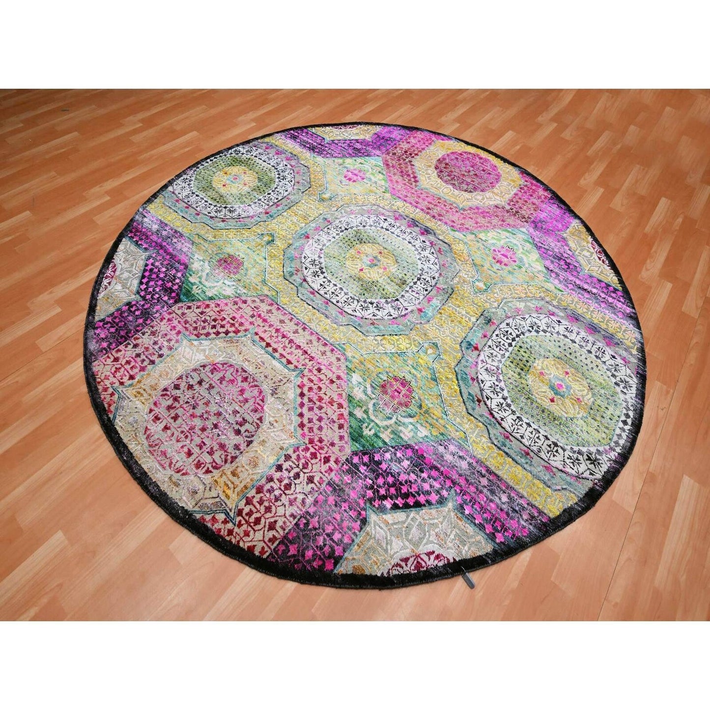 8'1"X8'1" Yellow Mamluk Design Sari Silk With Wool Hand Knotted Round Rug
