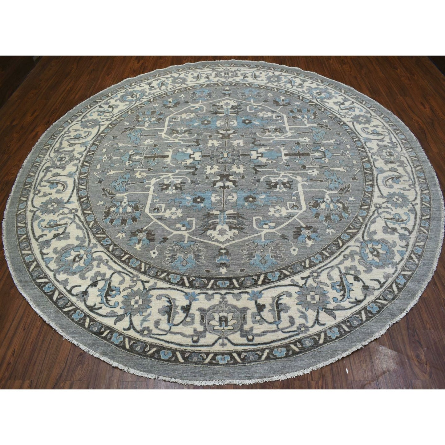 11'8"X11'8" Hand Knotted Gray Heriz Fine Peshawar Pure Wool Round Rug