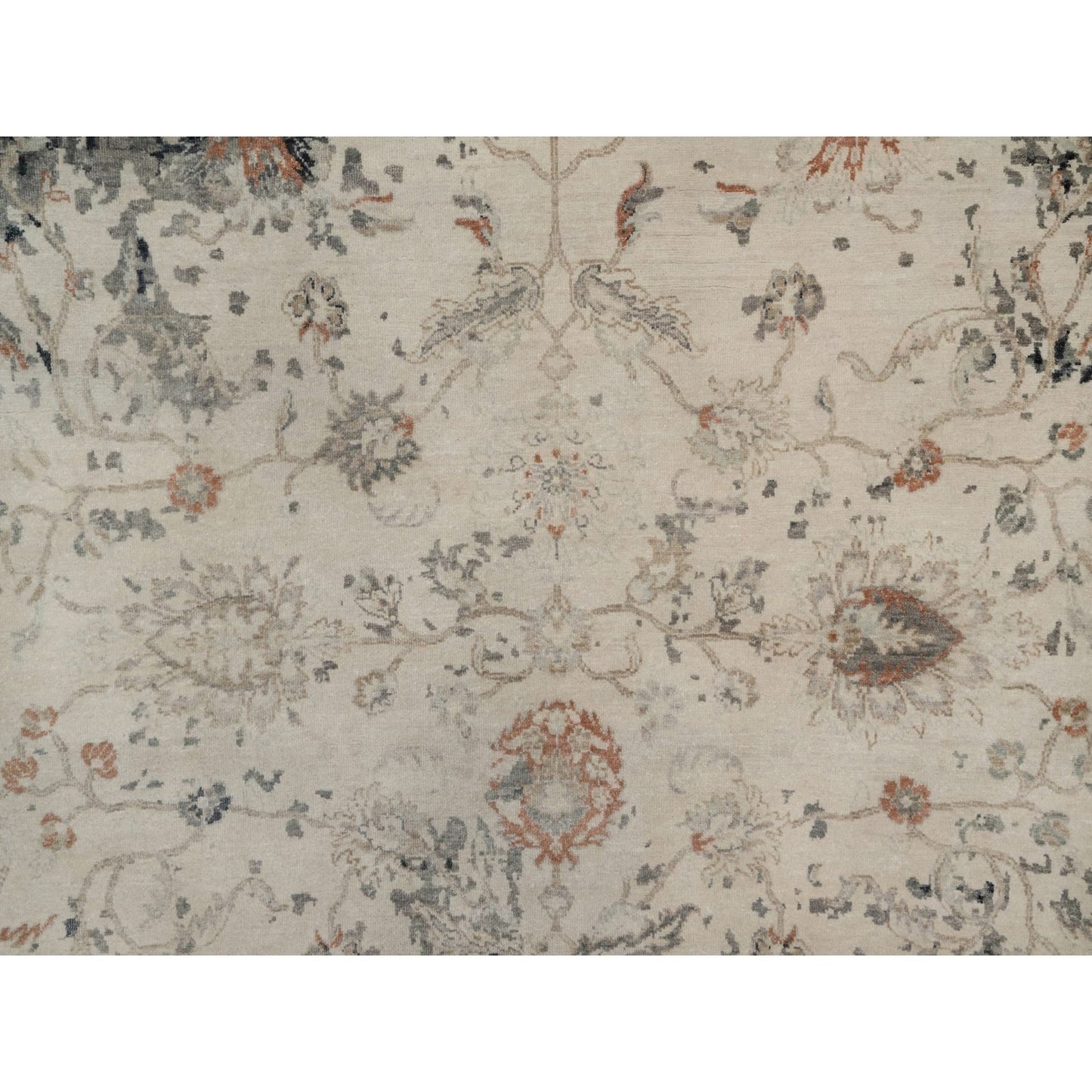 9'X12'2" Ivory Agra Design Botanical Pattern Hand Knotted Pure Wool Rug