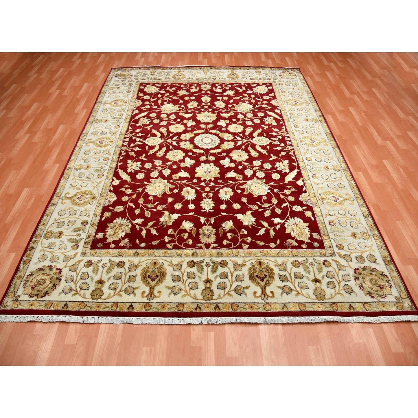 9'X12' Burgundy Red Rajasthan Design Wool And Silk Hand Knotted Rug