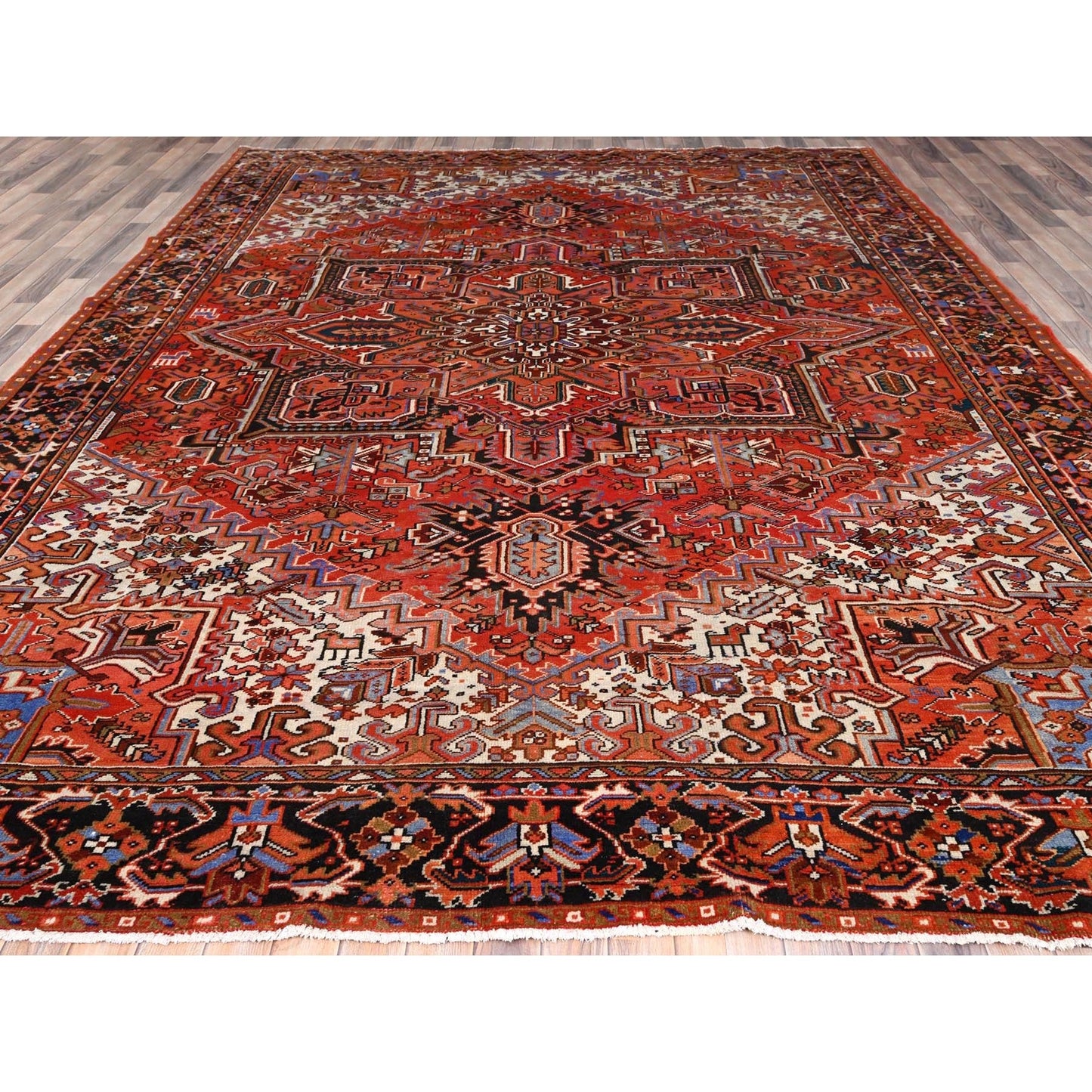 10'1"X13'2" Red Semi Antique Zoroastrian Heris Worn Wool Hand Knotted Rug