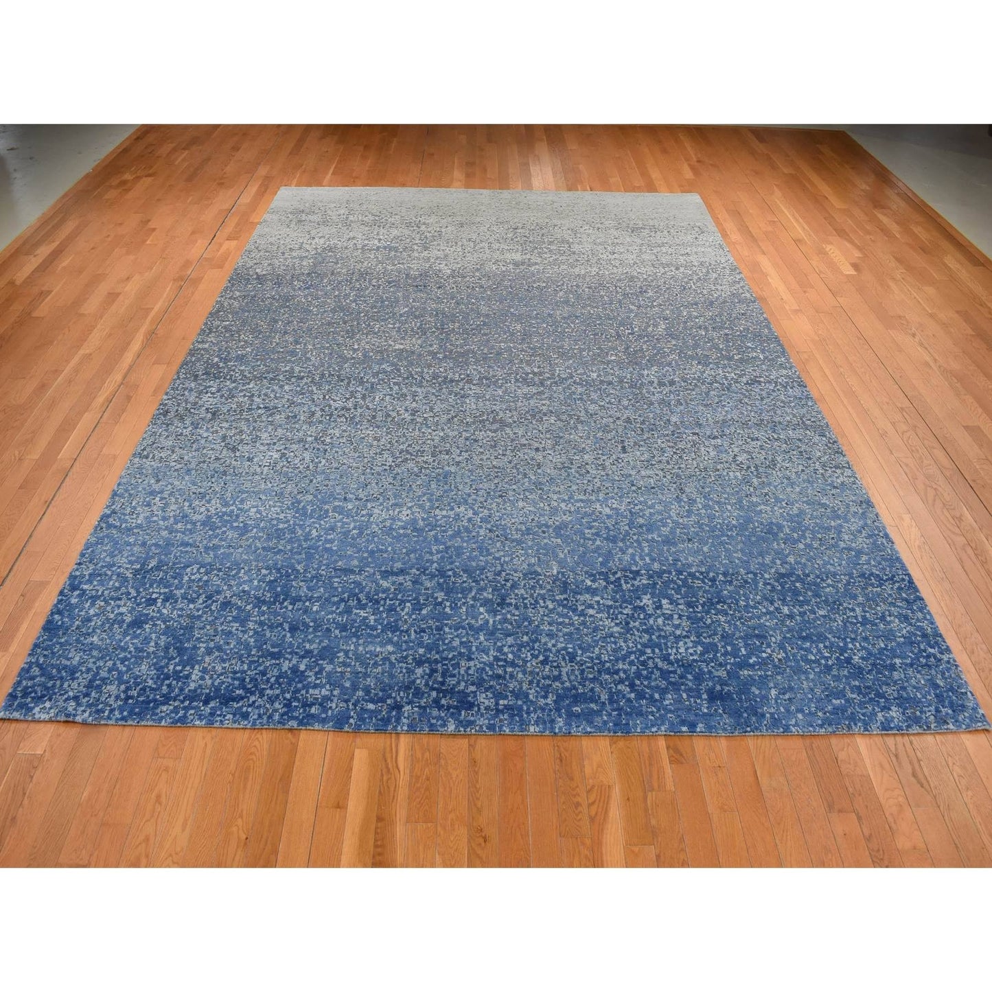 10'X14' Yale Blue Wool And Silk Modern Gradation Design Hand Knotted Rug