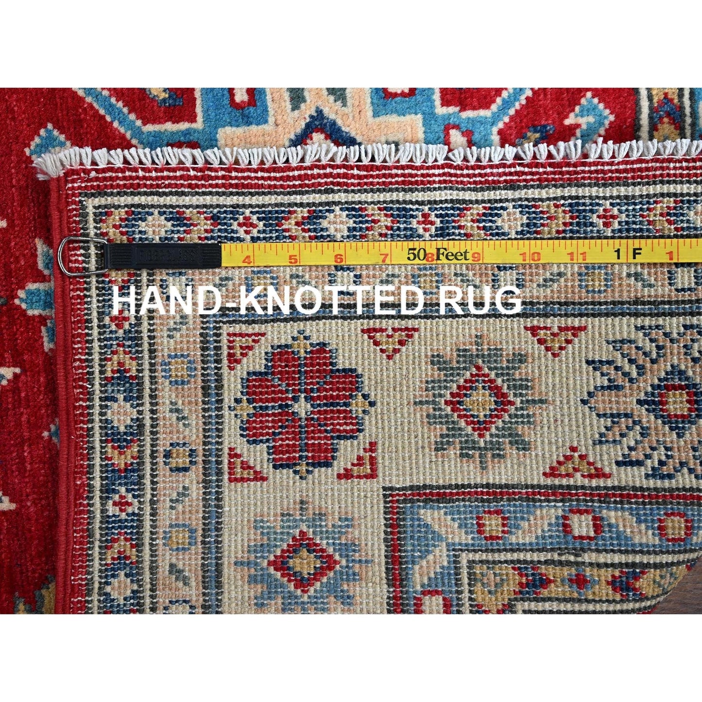 3'5"X5' Berry Red Kazak With Geometric Pattern Hand Knotted Pure Wool Rug