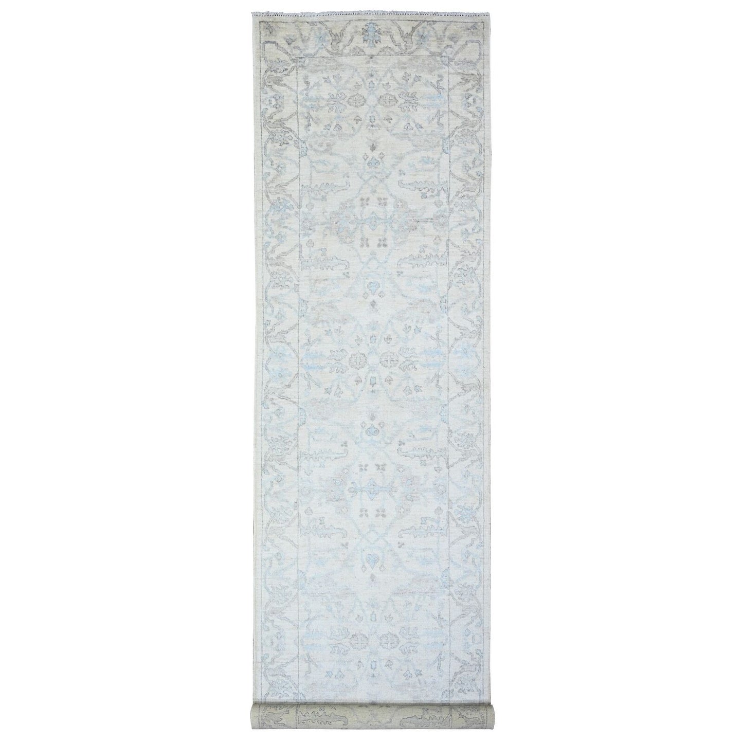 4'X16'1" Lily White Hand Knotted Faded Angora Oushak Wide Runner Rug