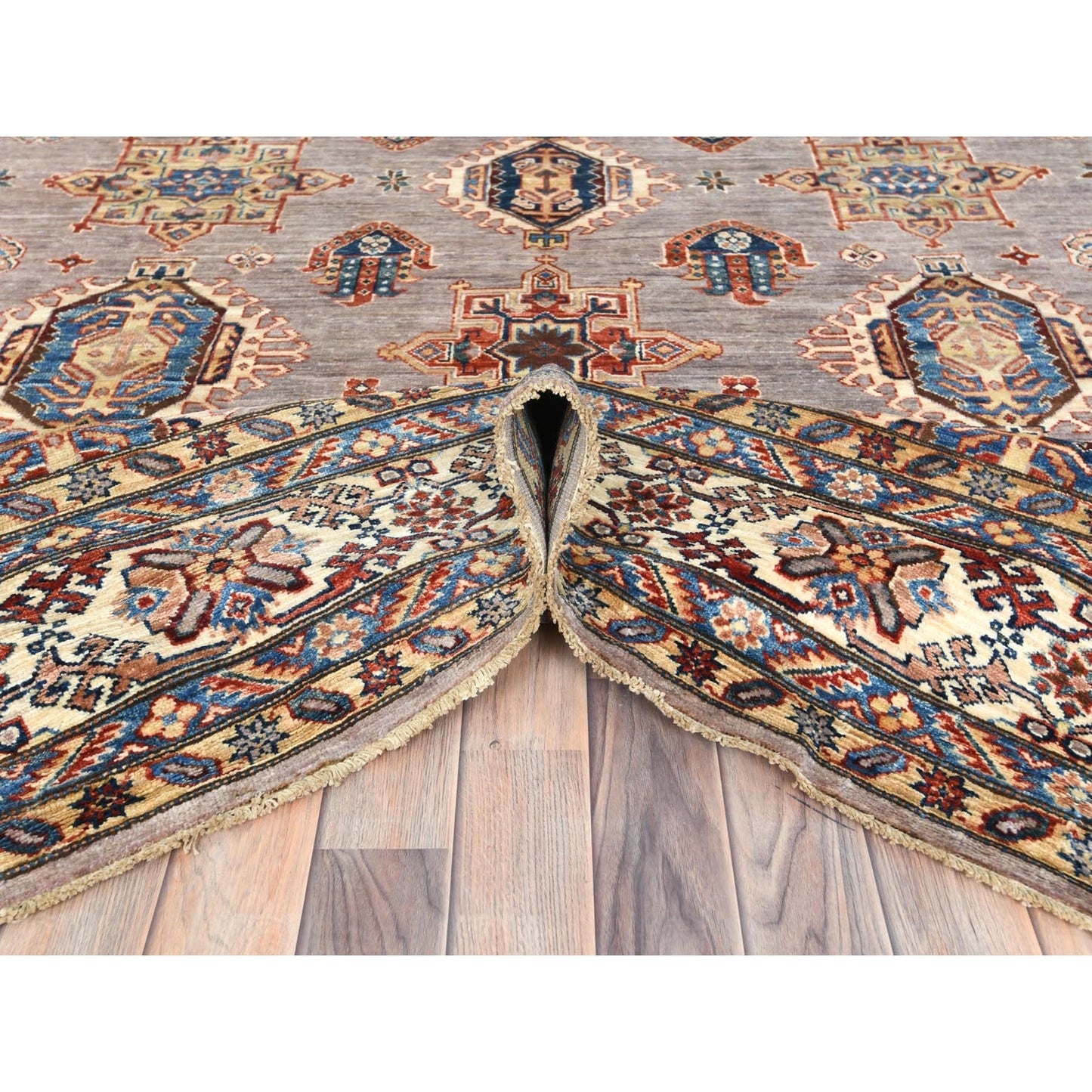 9'9"X9'9" Silver Pink Afghan Super Kazak Wool Hand Knotted Square Rug