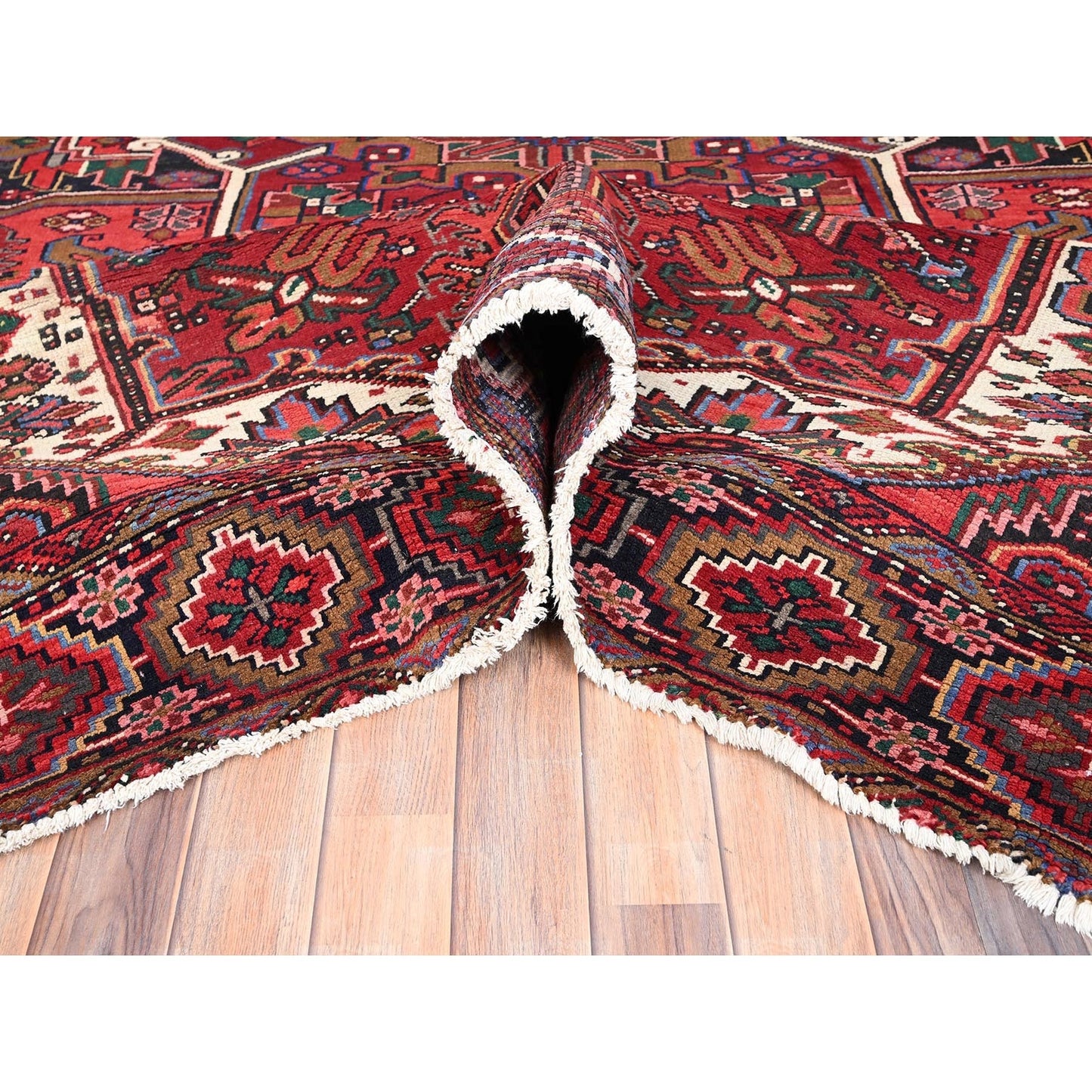 10'1"X12'9" Red Hand Knotted Semi Antique Zoroastrian Heris Pure Wool Rug