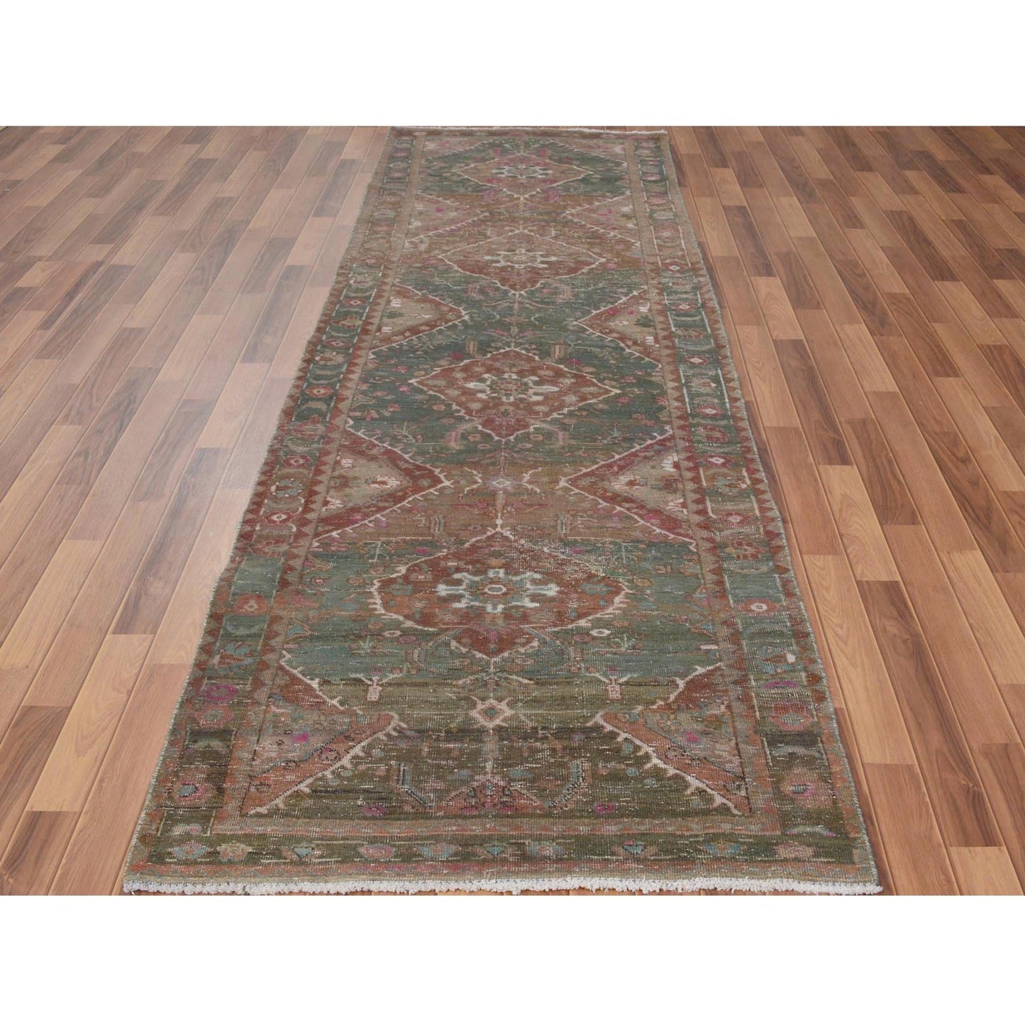 3'7"X12'3" Green Vintage And Worn Down Farsian Heris Handknotted Wool Rug