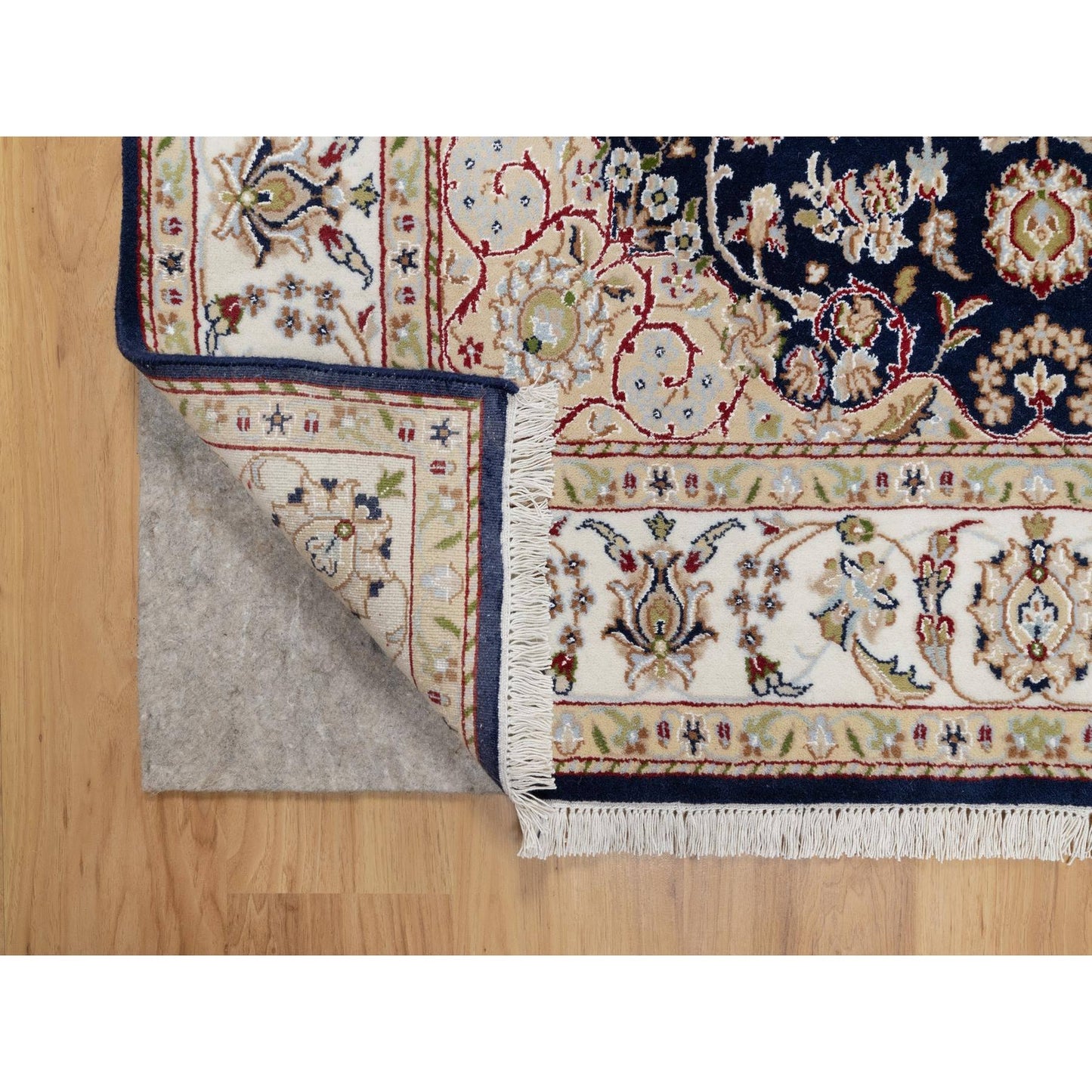 5'X5' Blue Wool And Silk Hand Knotted Nain With Flower Design Square Rug