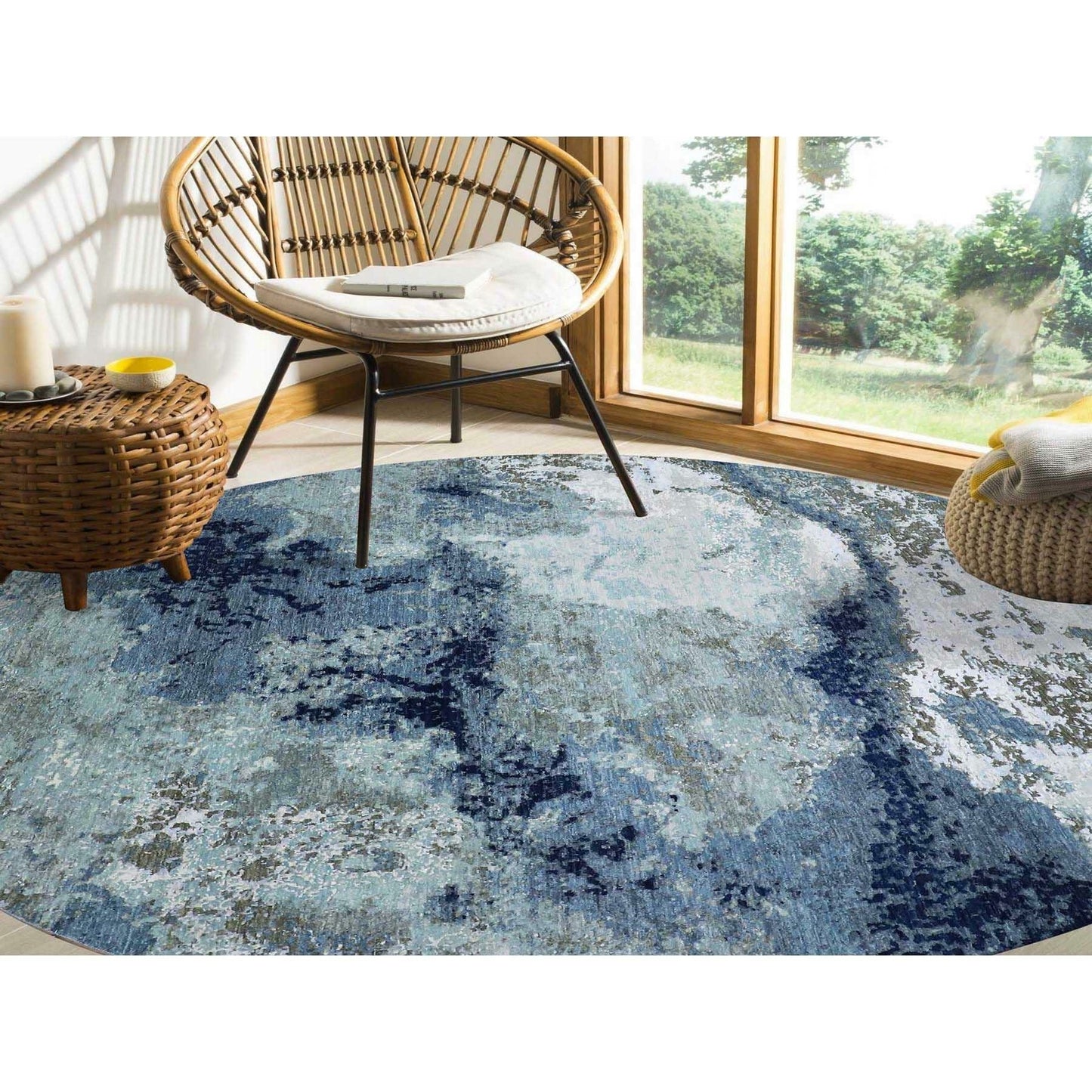 10'4"X10'4" Blue Abstract Design Hand Knotted Round Wool Oriental Rug