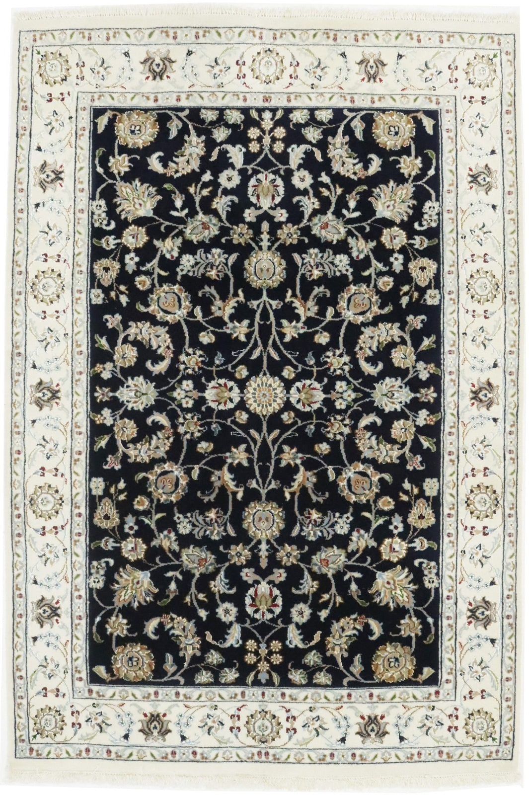 4X6 Ft Navy Floral Indo-Nain Oriental Rug