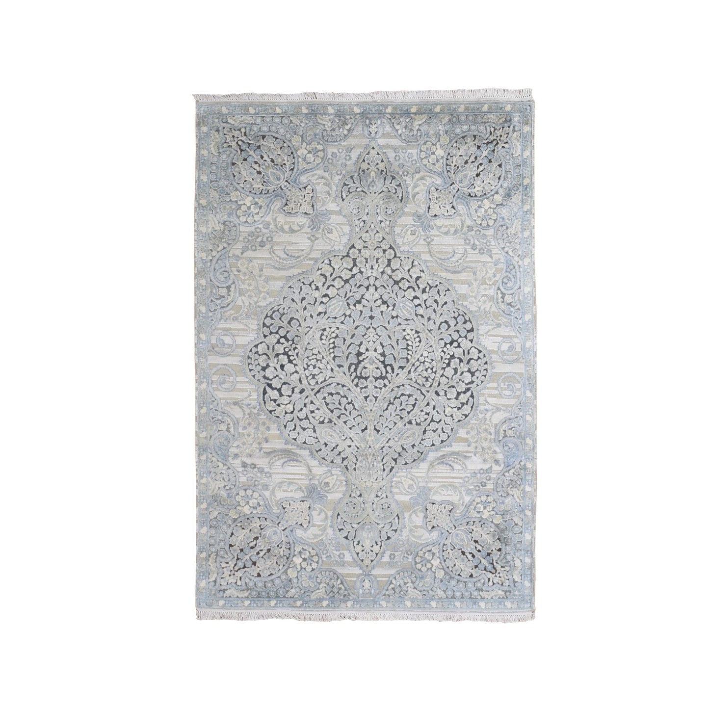 4'X6'3" Tree Of Life Meditation Design Silk With Text Wool Hand Made Rug