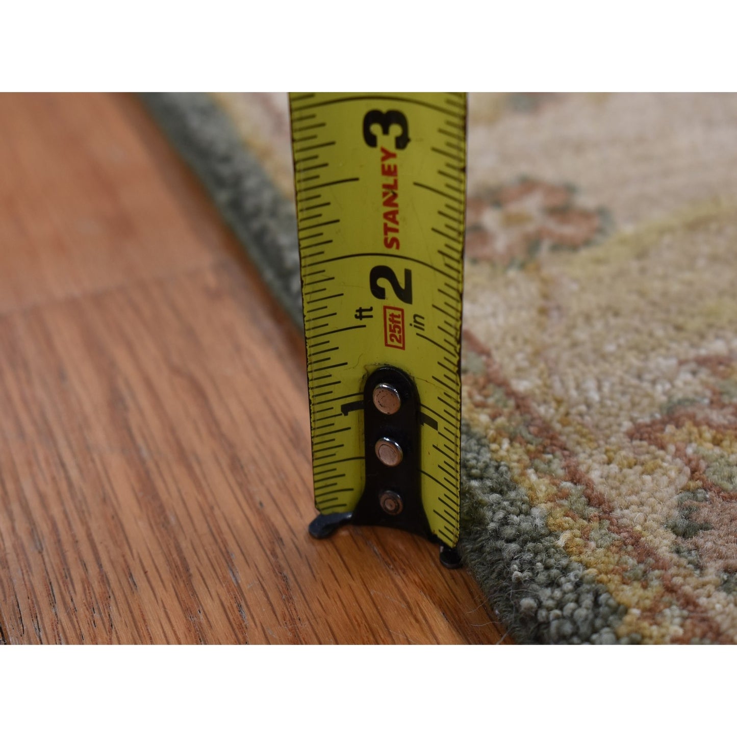 3'6"X32'2" Moss Green Pure Wool Hard Twist Agra Runner Hand Knotted Rug
