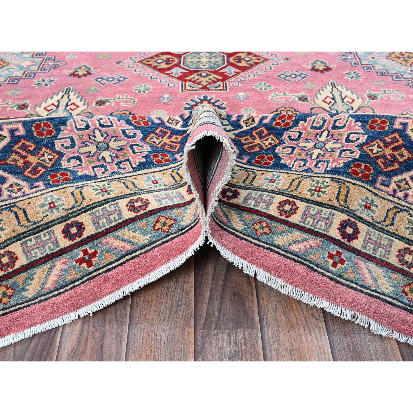 8'9"X11'8" Pink Kazak With Tribal Design Hand Knotted All Wool Oriental Rug
