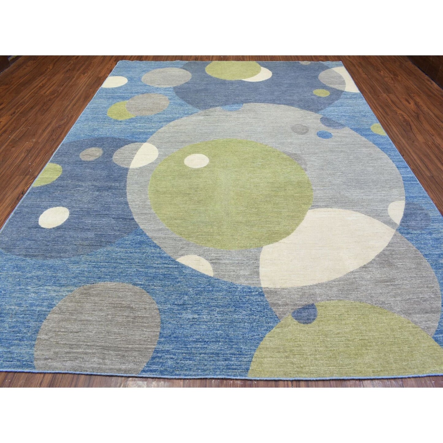 9'1"X12' Colorful Modern The Circles Design Soft Wool Hand Knotted Rug