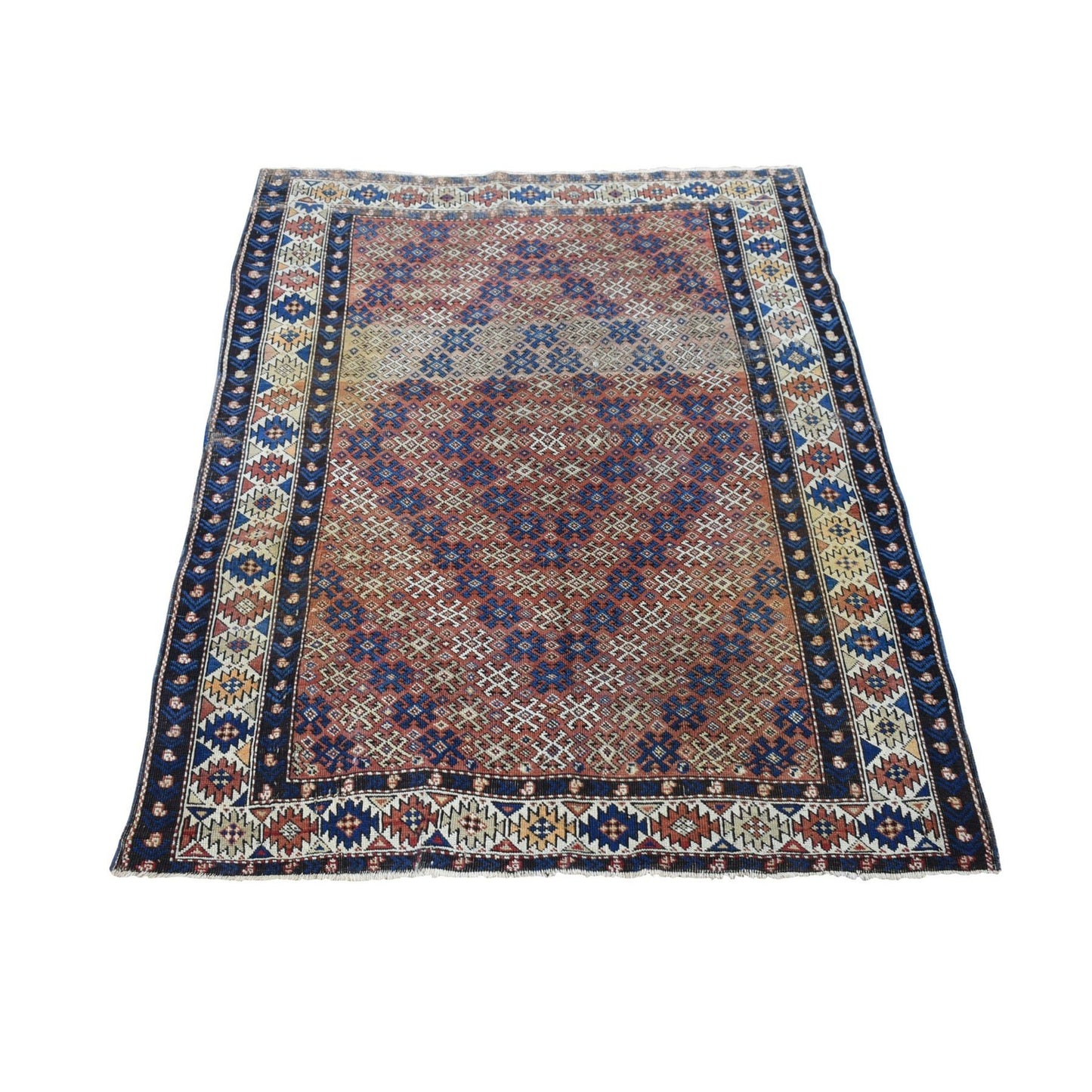 3'9"X4'8" Brown Antique Caucasian Kazak Pure Wool Hand Knotted Rug