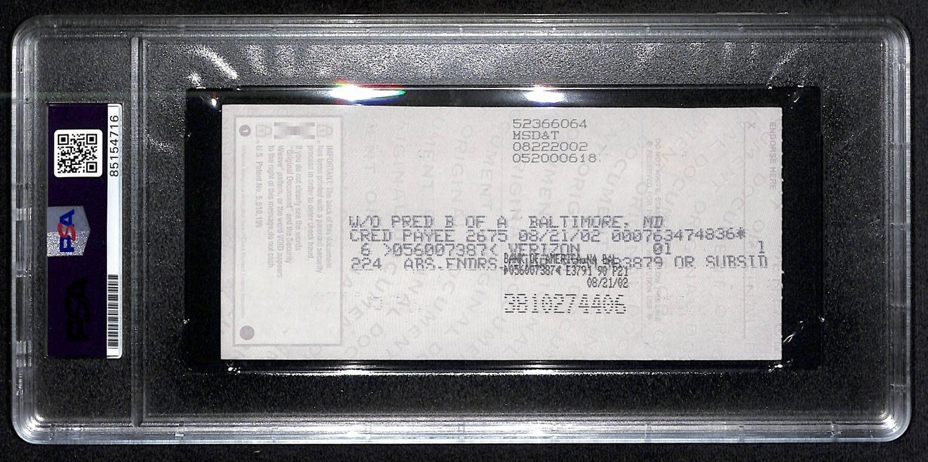 Johnny Unitas Signed 8/19/02 Check PSA/DNA MINT 9 188680