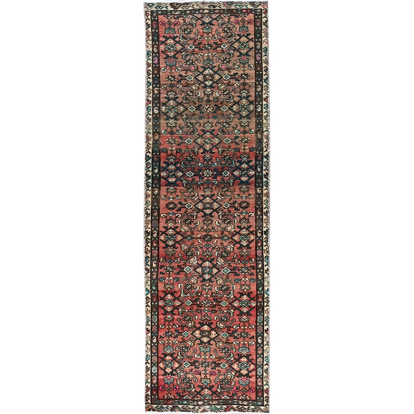 2'7"X9'1" Red Vintage Zoroastrian Khamadan Hand Knotted All Wool Runner Rug