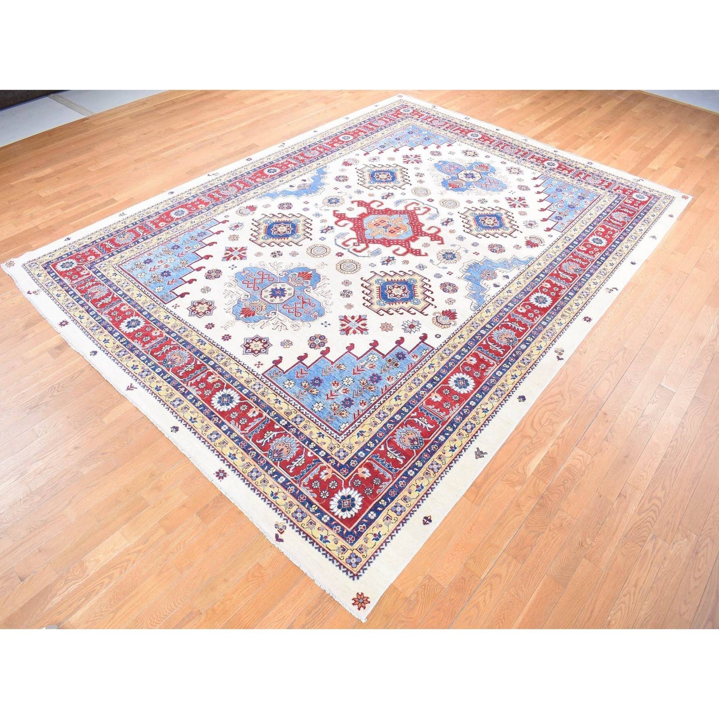10'X13'3" Ivory Special Kazak With Geometric Design Wool Hand Knotted Rug