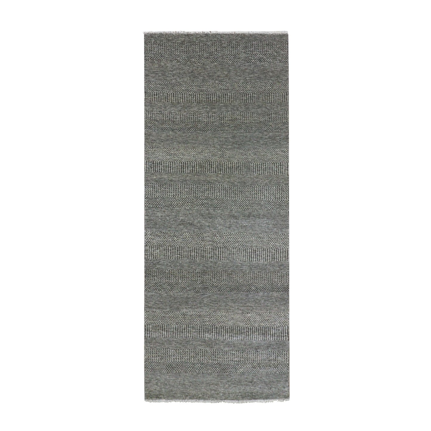 4'X10'2" Gray Modern Undyed Wool Grass Hand Knotted Wide Runner Rug