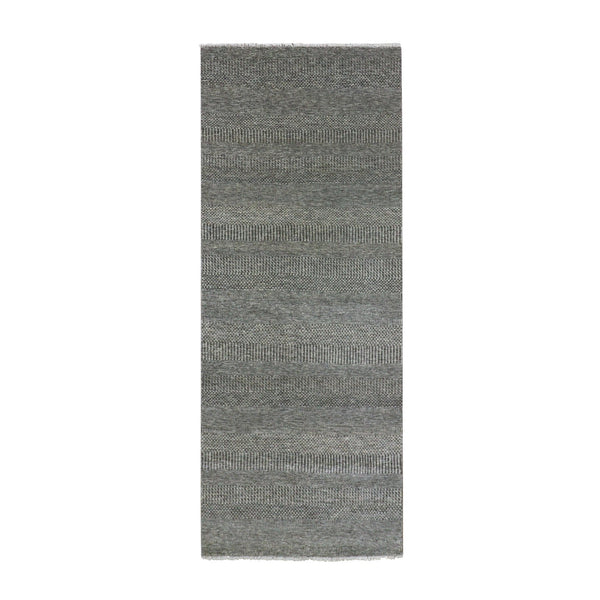 4'X10'2" Gray Modern Undyed Wool Grass Hand Knotted Wide Runner Rug