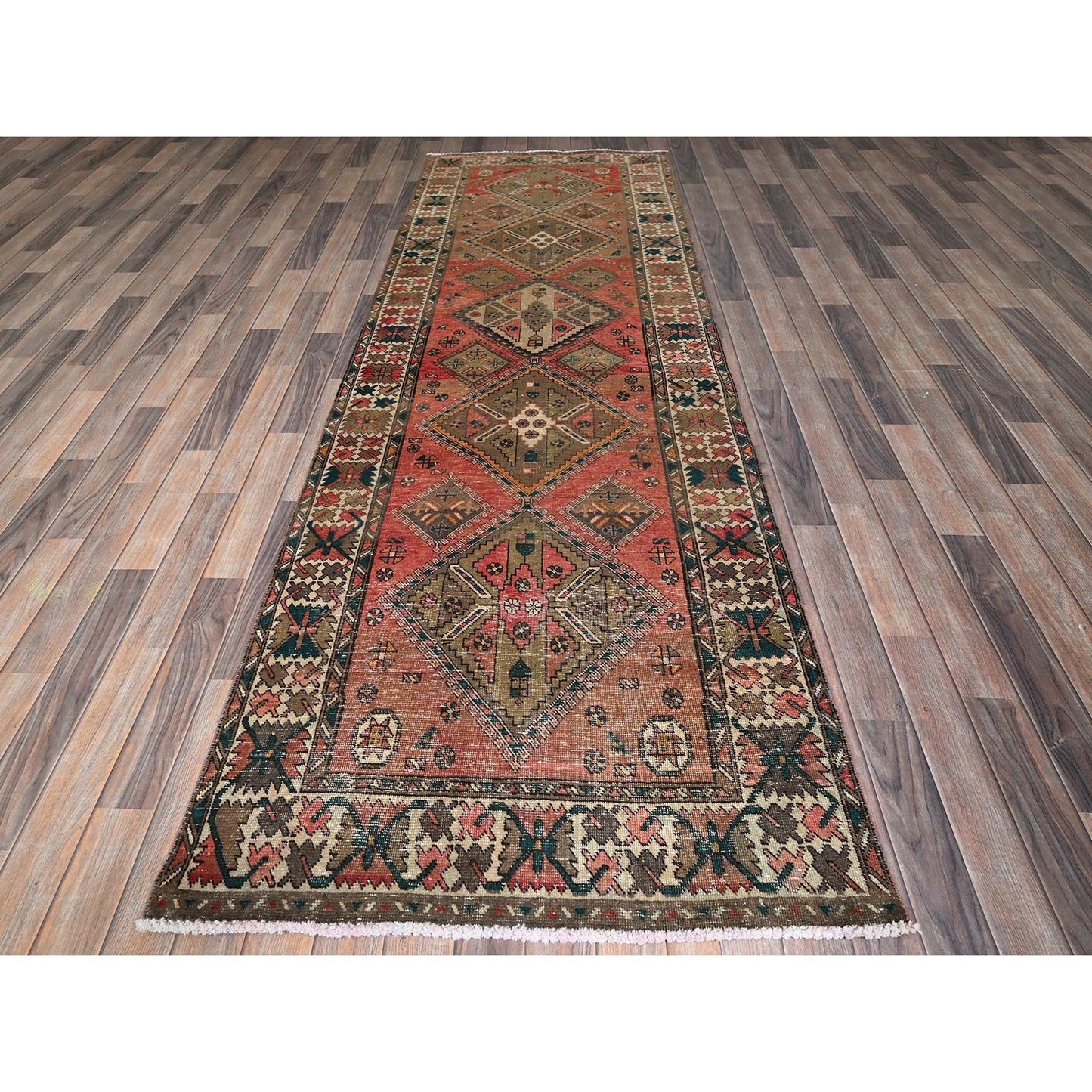 3'5"X10'3" Blush Red Vintage Zoroastrian Hand Knotted Pure Wool Runner Rug