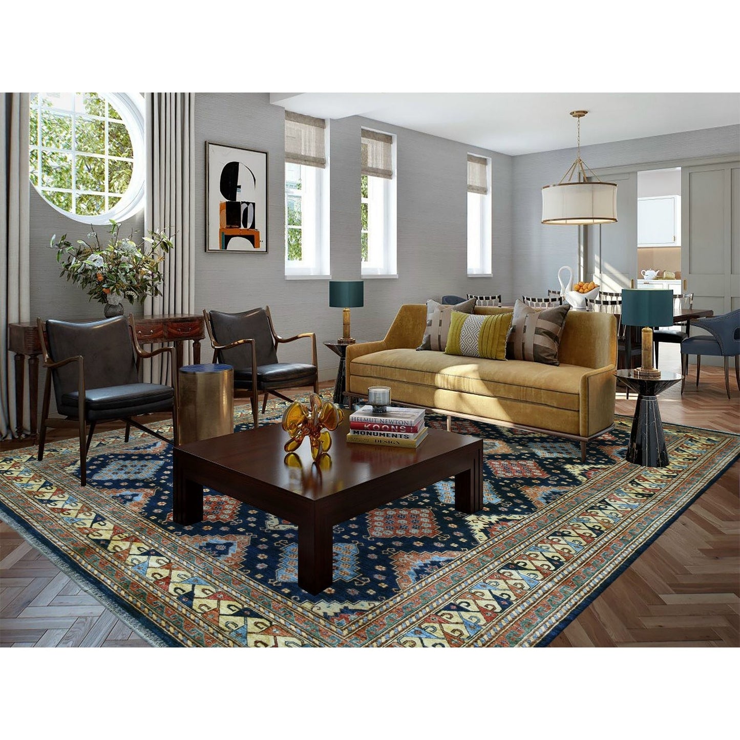 10'1"X13'3" Navy Blue Afghan Ersari Geometric Design Handknotted Wool Rug