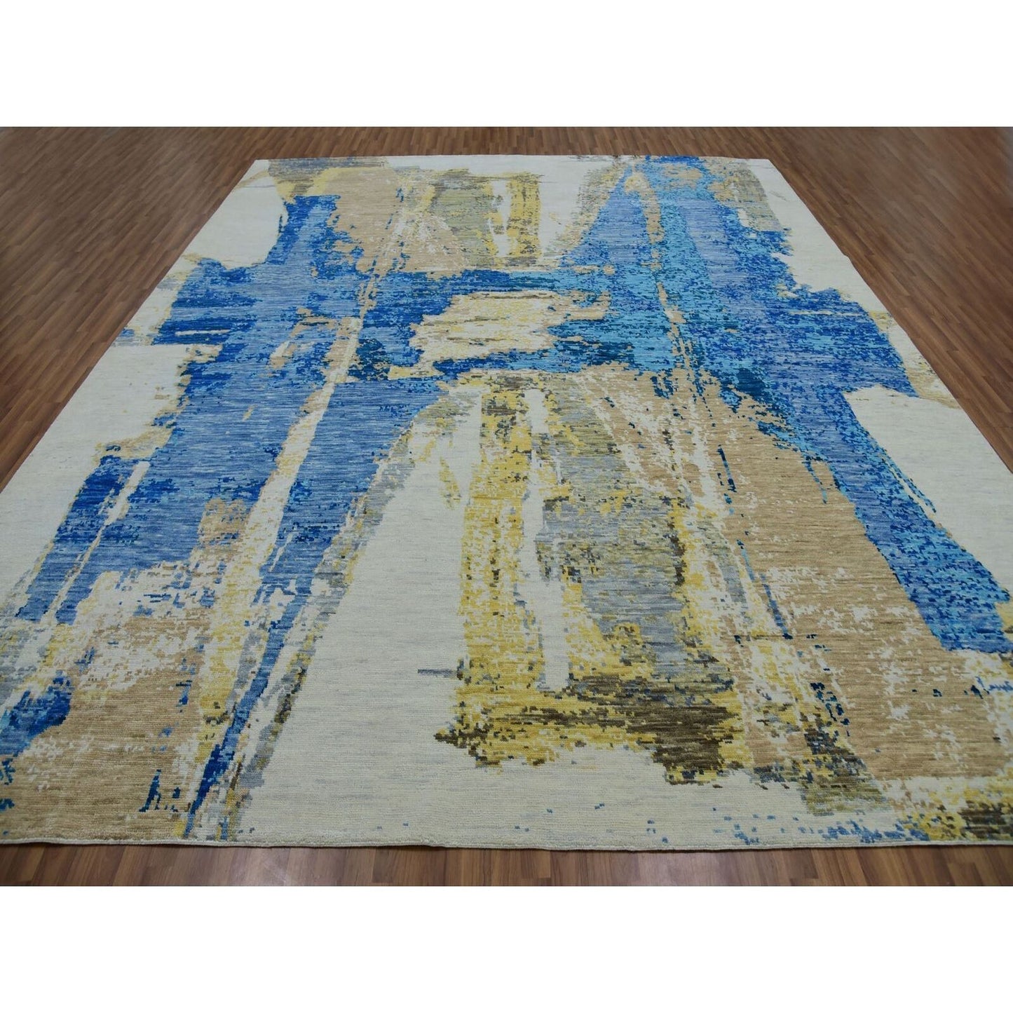 12'1"X13'10" White Abstract Design 100% Wool Hand Knotted Oversized Rug
