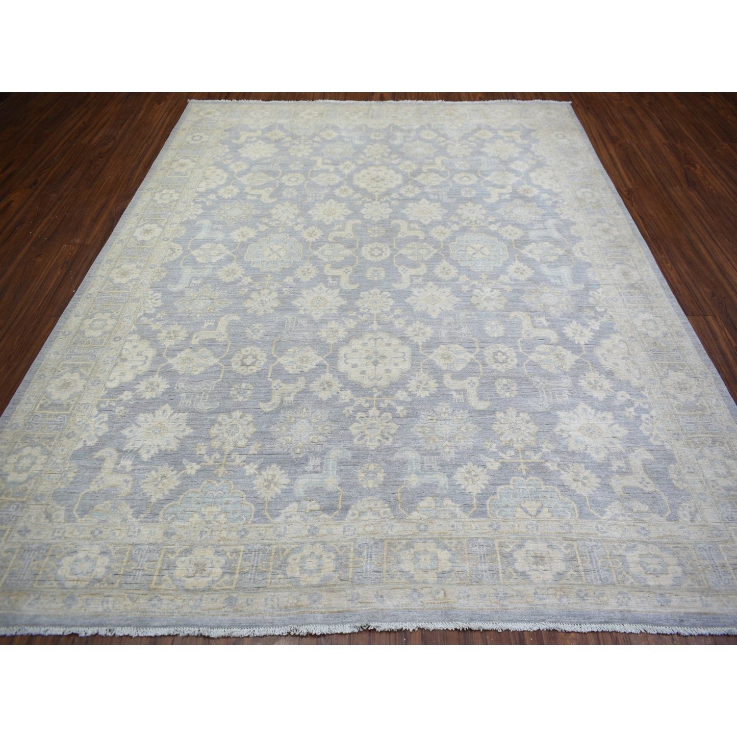 7'10"X9'7" Cloud Gray White Wash Peshawar Natural Wool Hand Knotted Rug