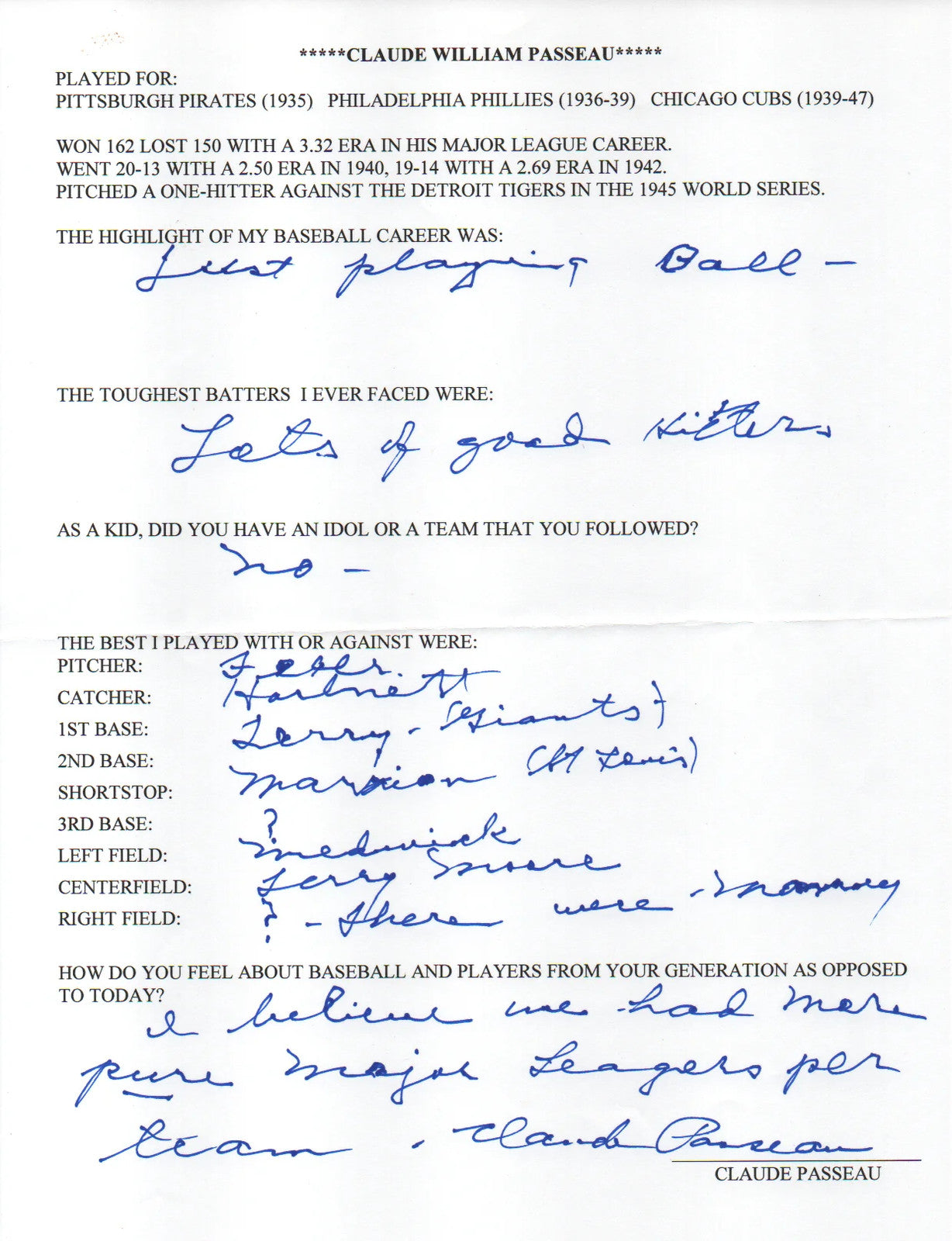 Claude Passeau Autographed Hand Filled Out Survey Page (Jsa)