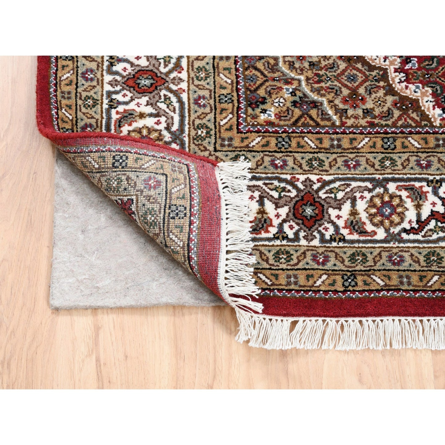 5'X5' Red Hand Knotted Tebraz Mahi Fish Design Wool-Silk Square Rug