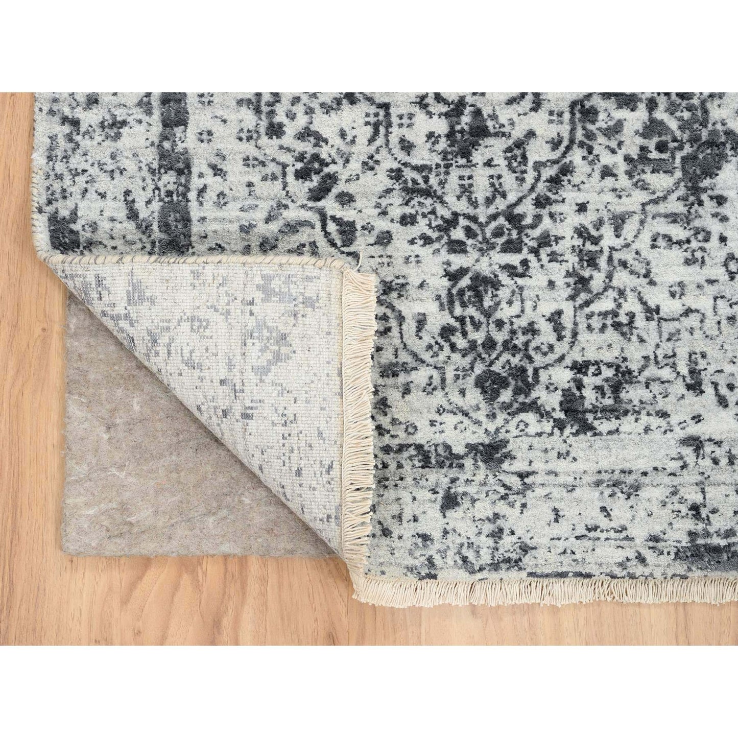 2'7"X12' Gray Wool/Silk Hand Knotted Erased Zoroastrian Design Runner Rug