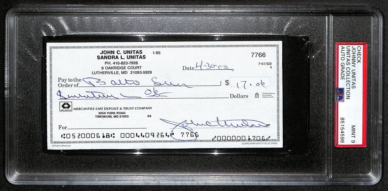 Johnny Unitas Signed 4/30/02 Check Psa/Dna Mint 9