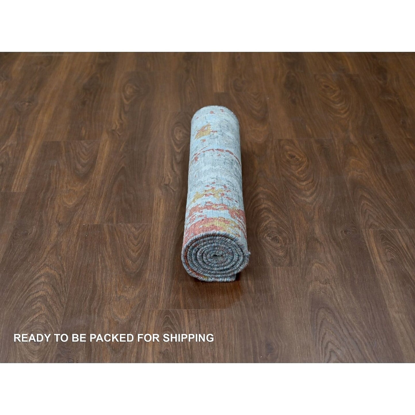 2'7"X5'8" Orange & Gray Wool And Silk Fire Design Hand Knotted Runner Rug