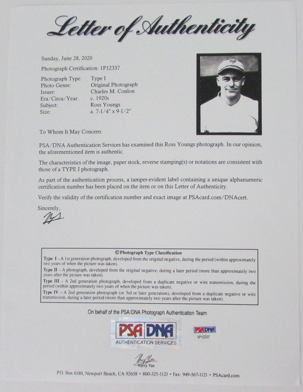 Ross Youngs 1920S Giants Conlon Type 1 Wire/Press 7.25X9.5 Photo Psa 155101