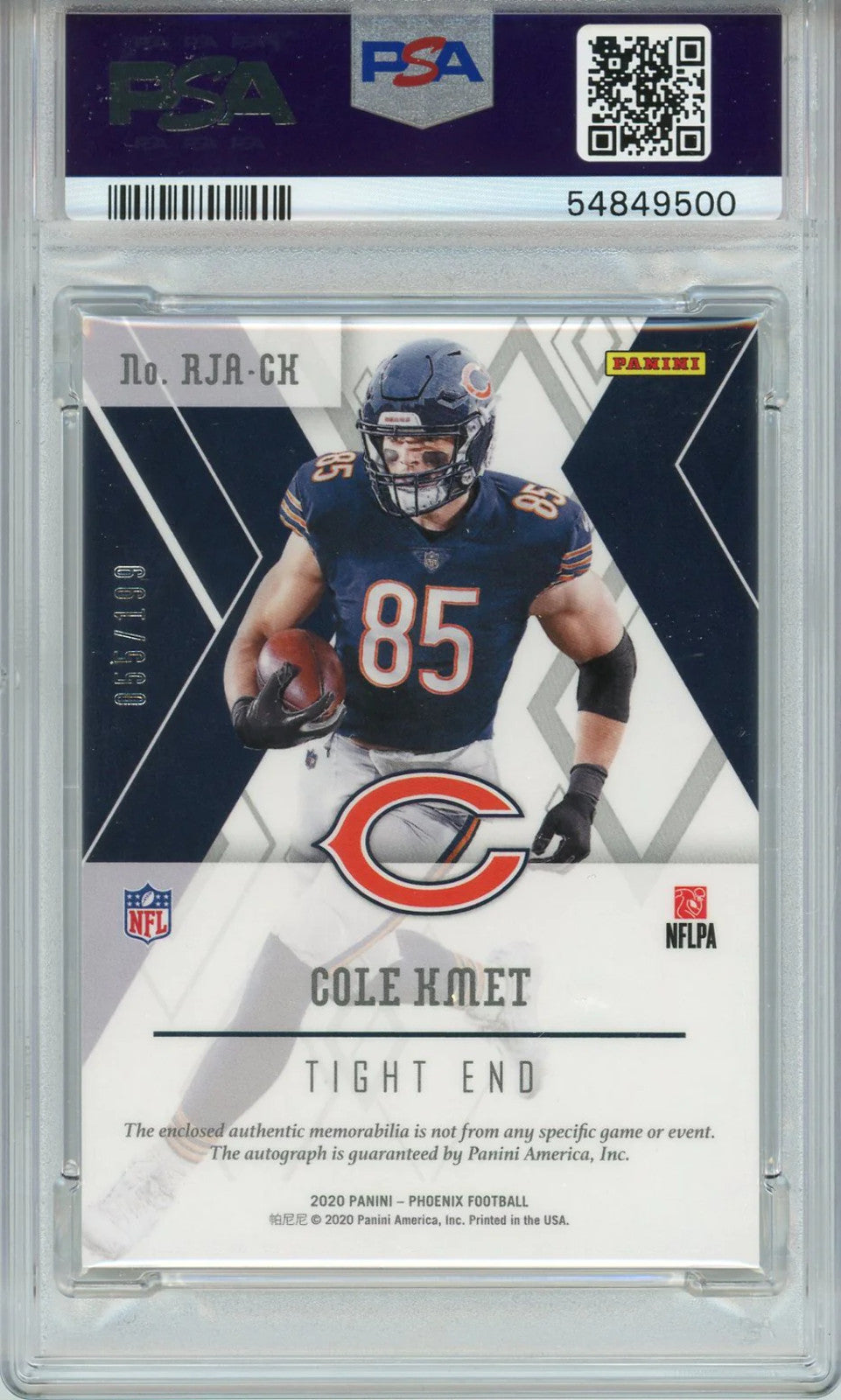 Cole Kmet 2020 Panini Phoenix Risking Rookie Patch Card #Ck (Psa)