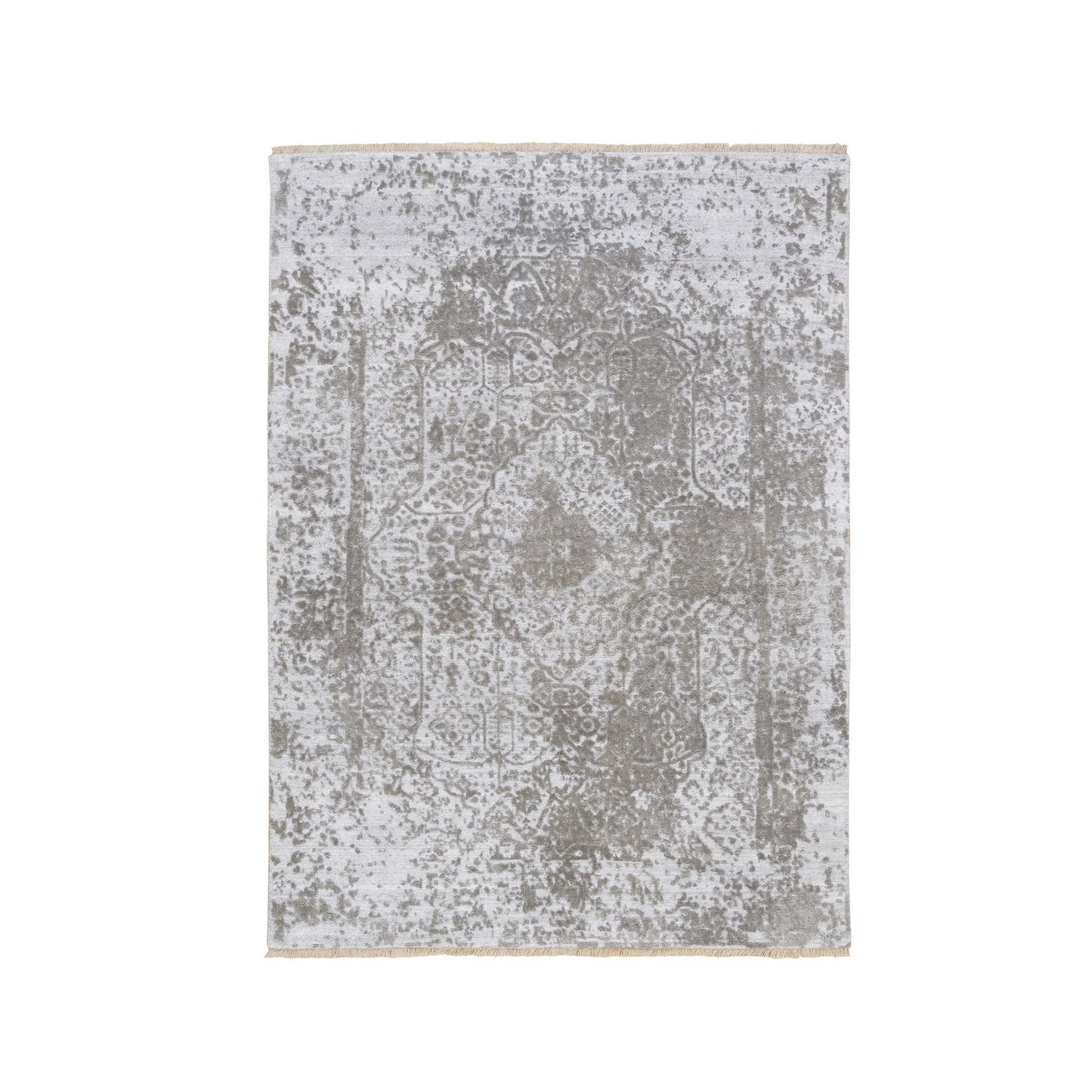 4'2"X6' Broken Farsian Design Wool And Pure Silk Hand Knotted Ivory Rug