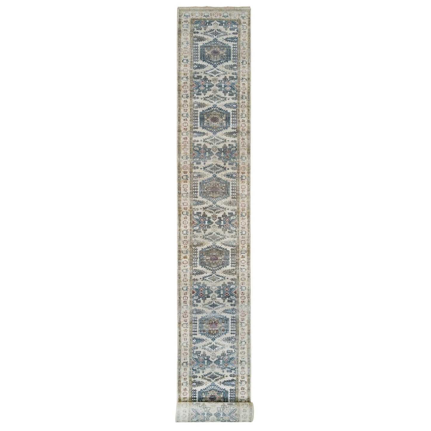 2'7"X21'7" Floral White Wool Hand Knotted Reimagined Viss Xl Runner Rug
