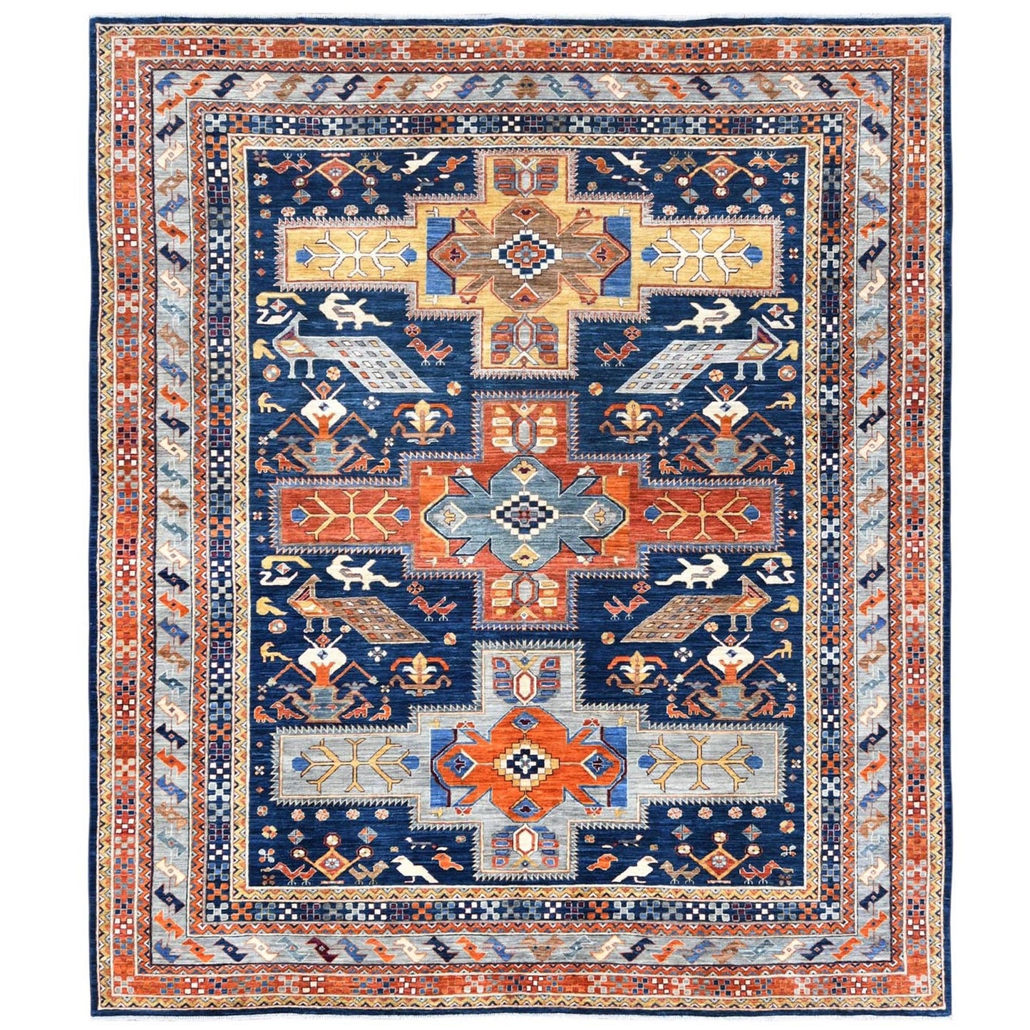 8'4"X9'7" Blue Wool Hand Knotted Armenian Inspired Design 200 Kpsi Rug